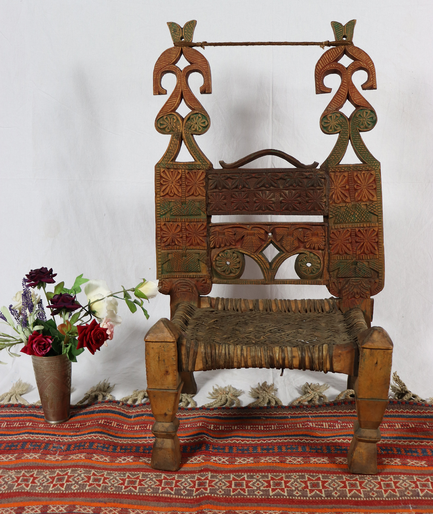 antique orient solid hand-carved wooden Low Chair from swat valley kohistan Pakistan  19 century Exklusiv 22/D