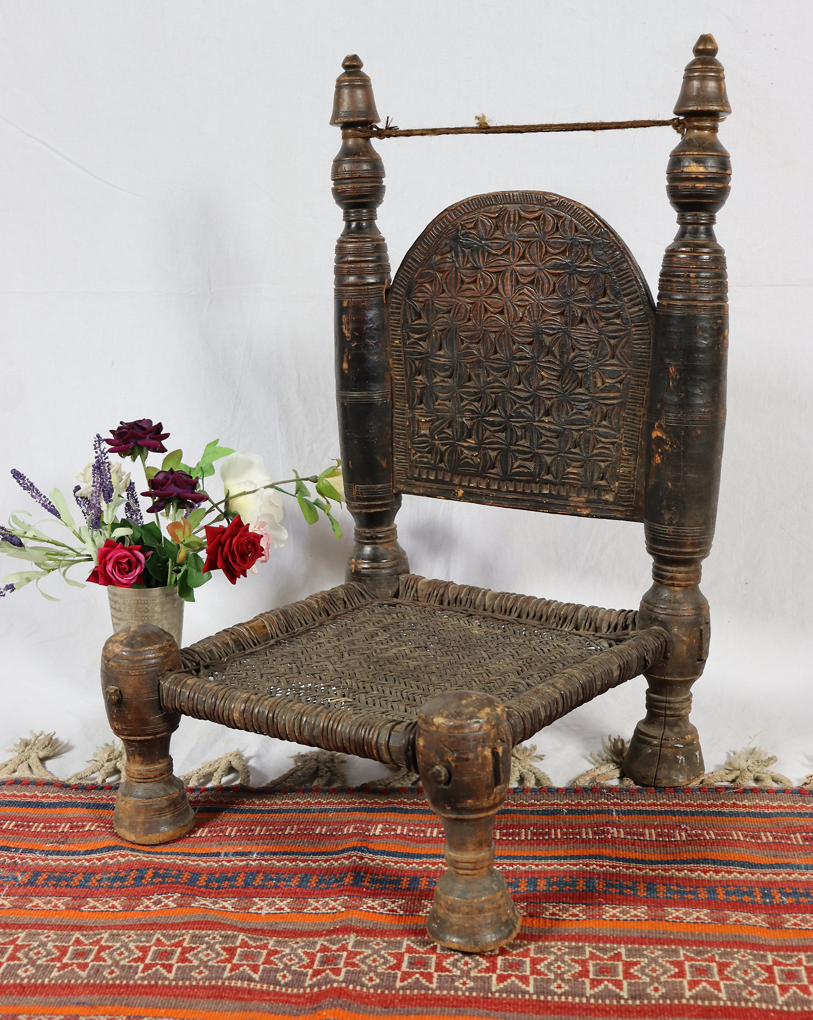 antique  cedar wood Low Chair from Nuristan Afghanistan / Swat Valley-Pakistan No-22 -L