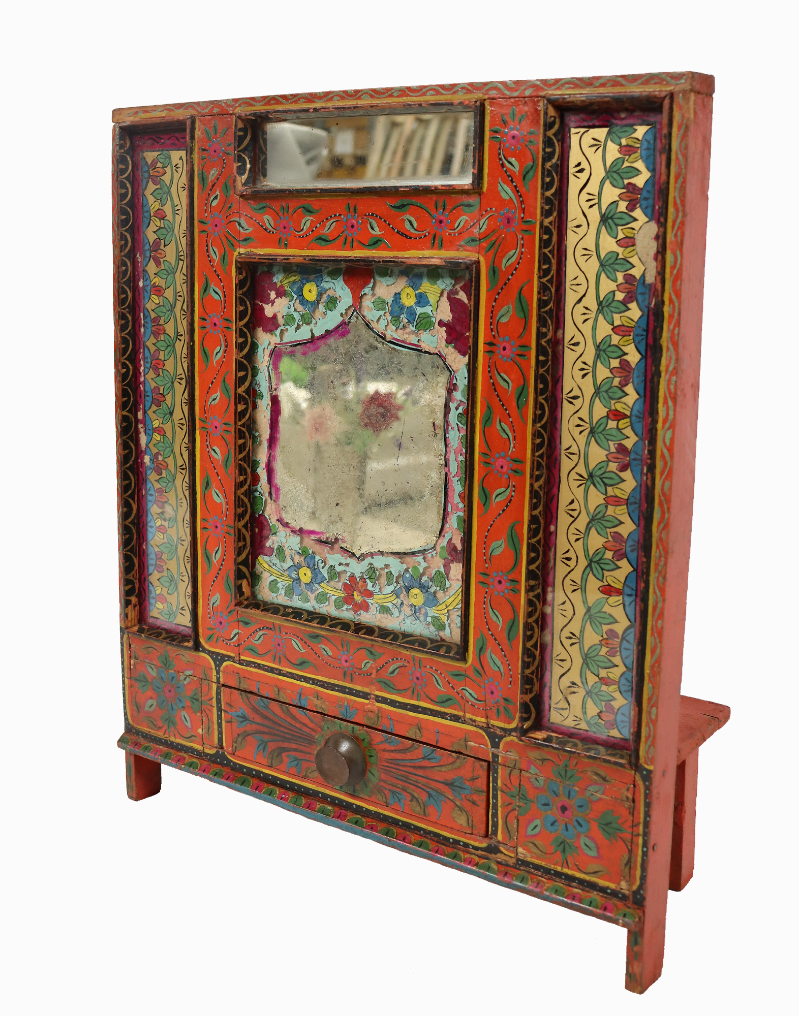 antique Hand paintet vintage small wooden Exclusive  reverse glass painting orient cabinet vanity mirror Pakistan rajasthan
