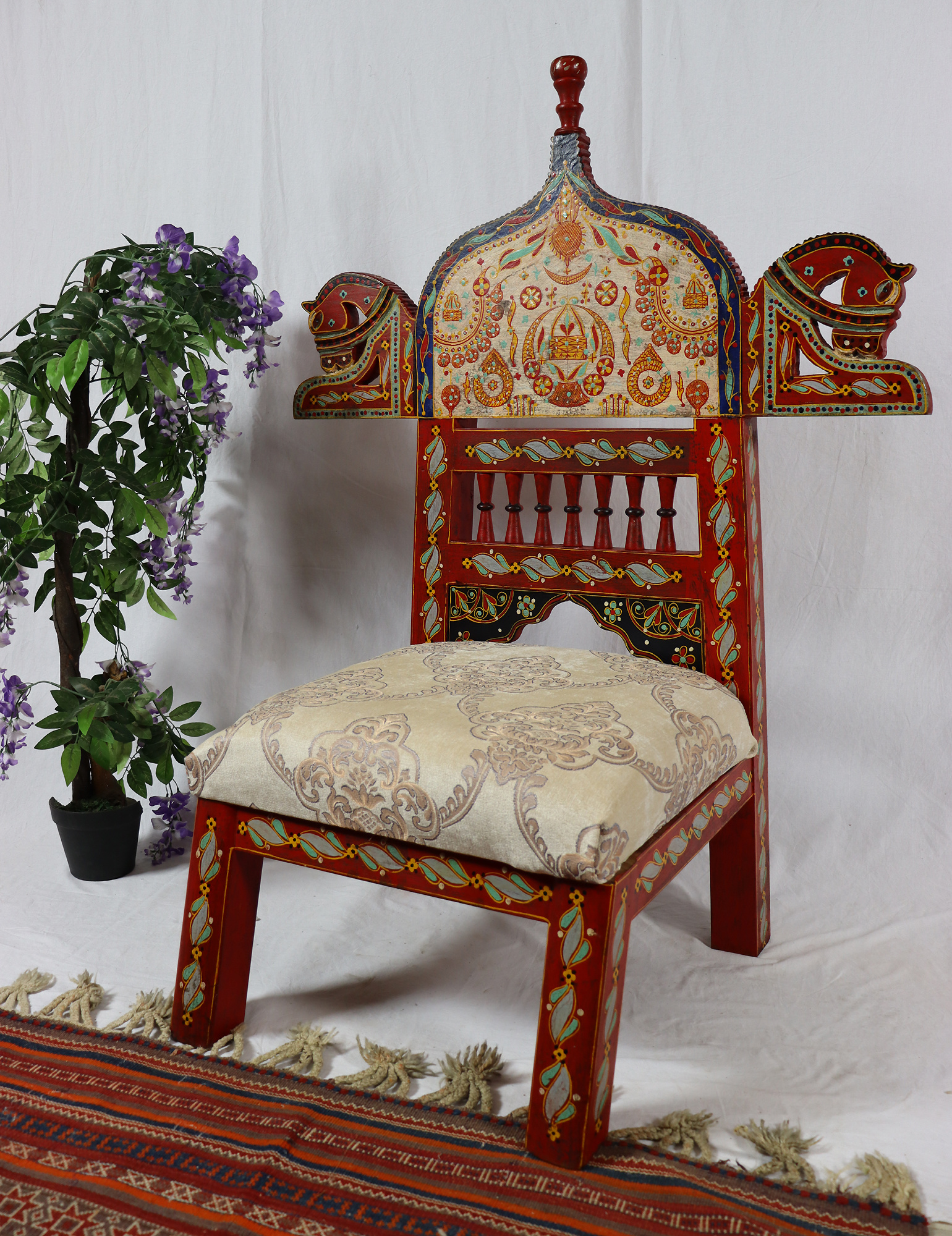 Vintage orient cedar wood Low wedding Chair from  Afghanistan horse head RAJ