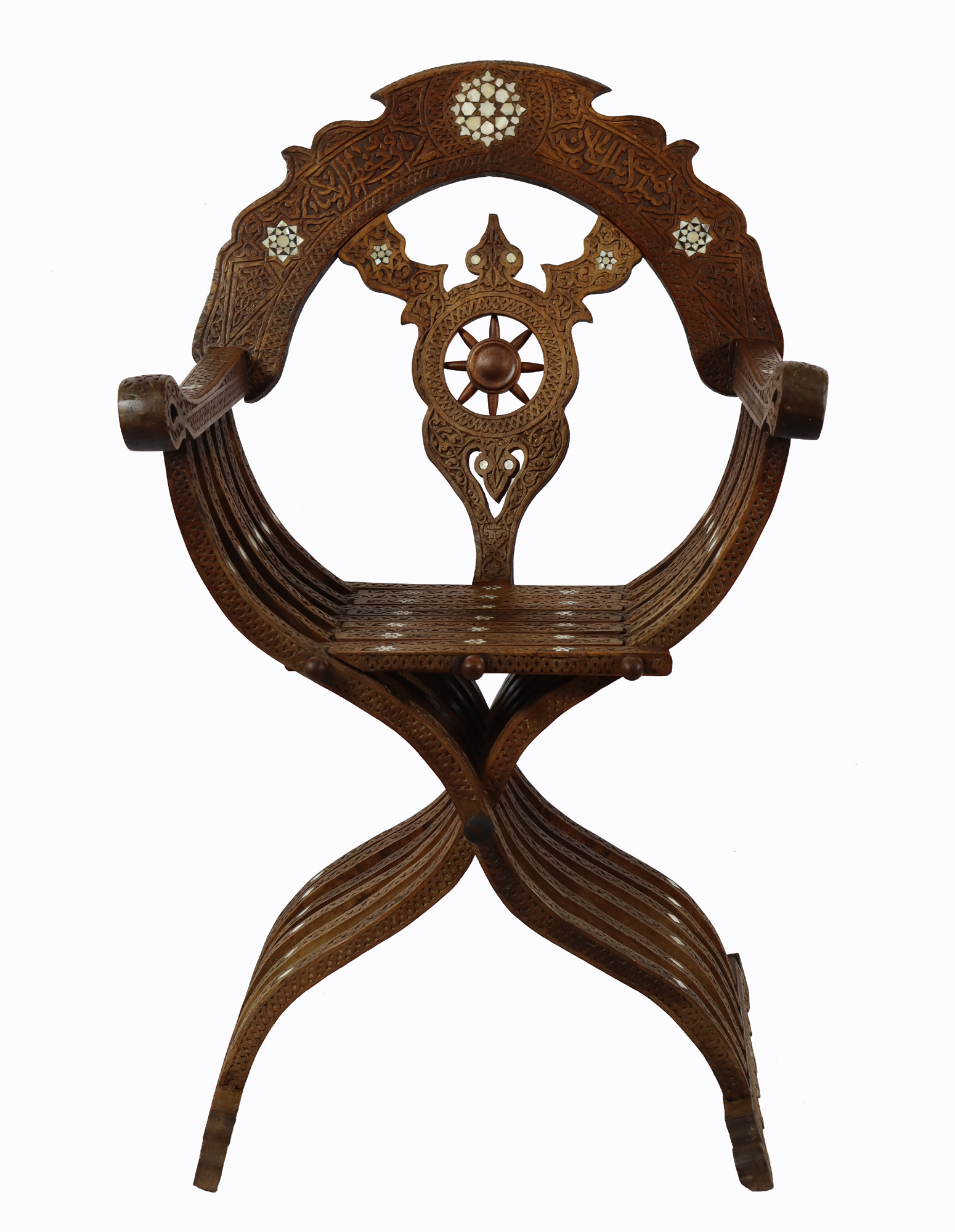antik islamSyrischer Savonarola-Stuhl aus dem späten 19. Jahrhundert mit Perlmutteinlage