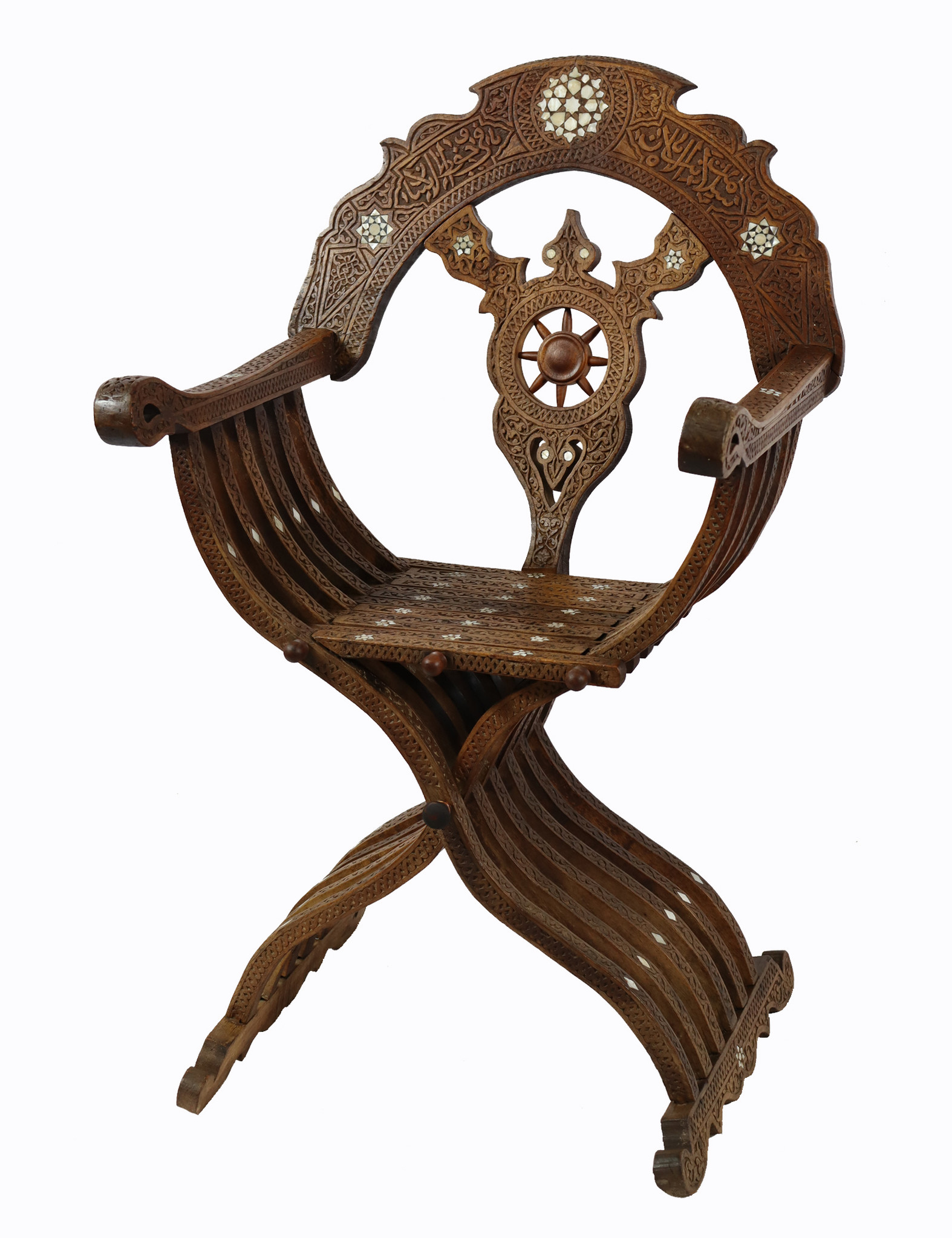 Late 19th Century Syrian Savonarola Chair With Mother-of-Pearl Inlay