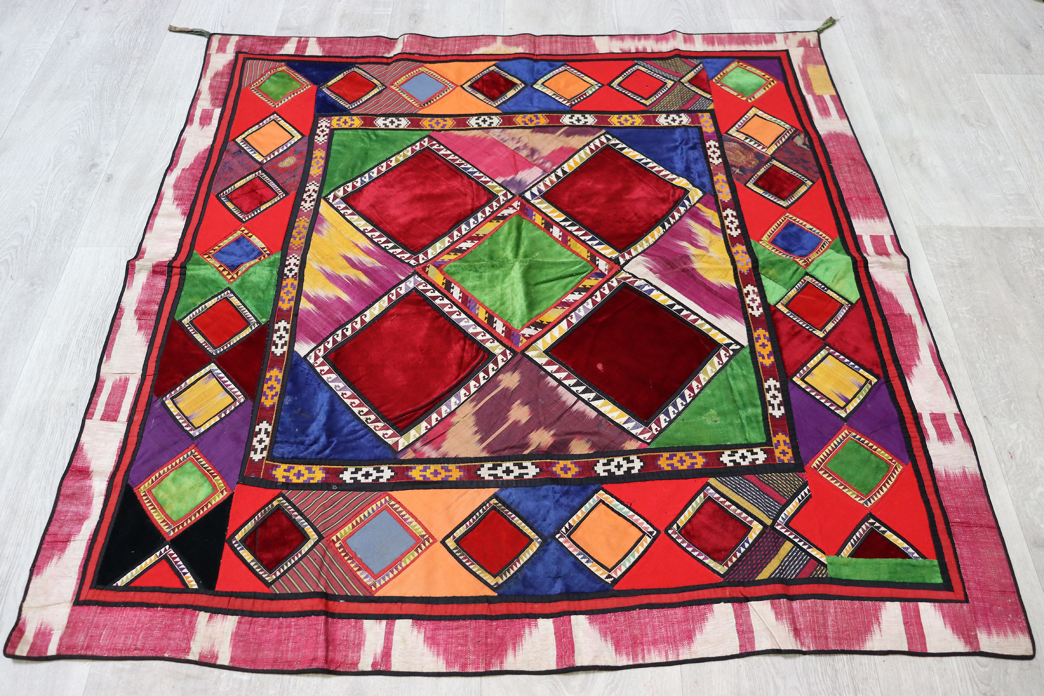 105x105 cm Antique Uzbek tribal silk Hand Sewn Embroidered Lakai Patchwork No:UZ5