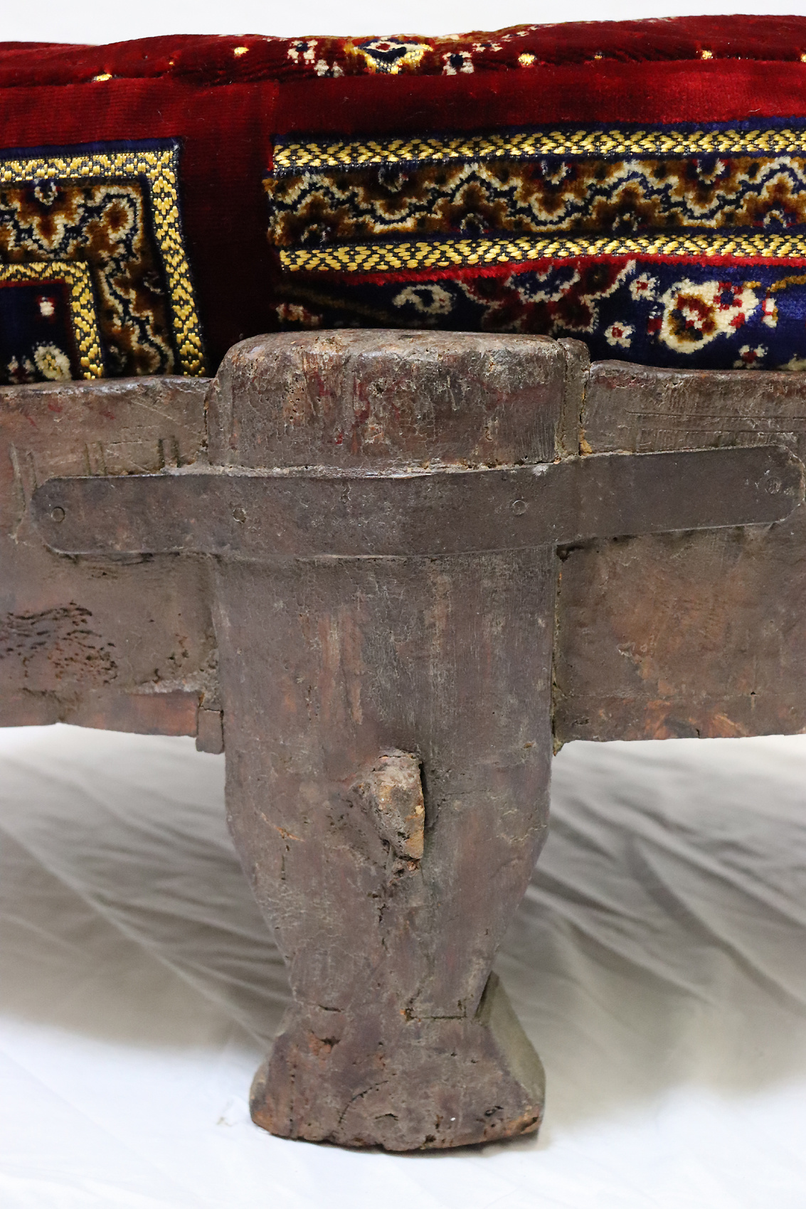 Antique Primitive Indian Hand Carved Wood and Iron Chakki 'Rice Mill Table' Coffee Table Stools or Ottoman