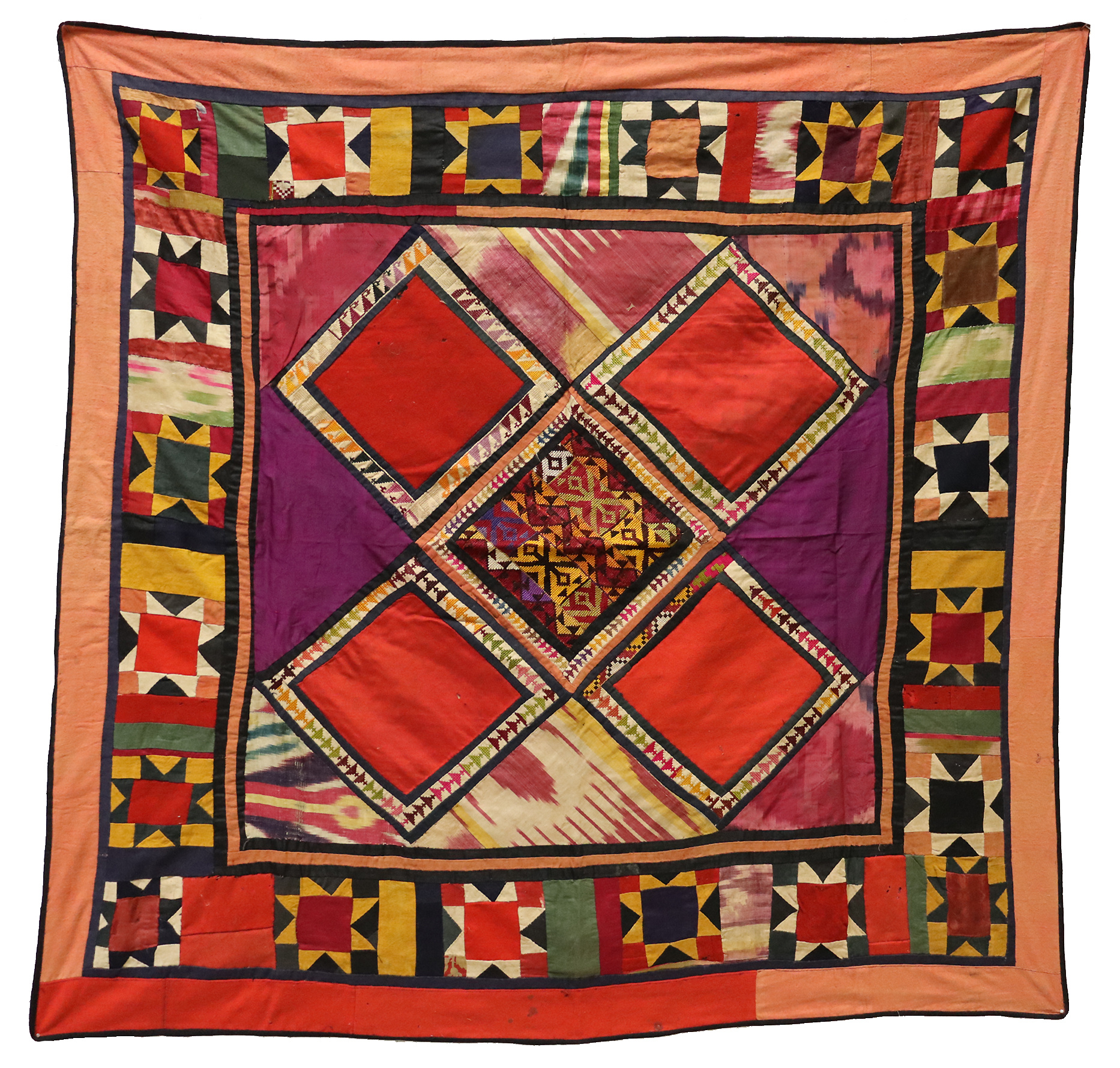 110x103 cm Antique Uzbek tribal silk Hand Sewn Embroidered Lakai Patchwork No:UZ  - 14