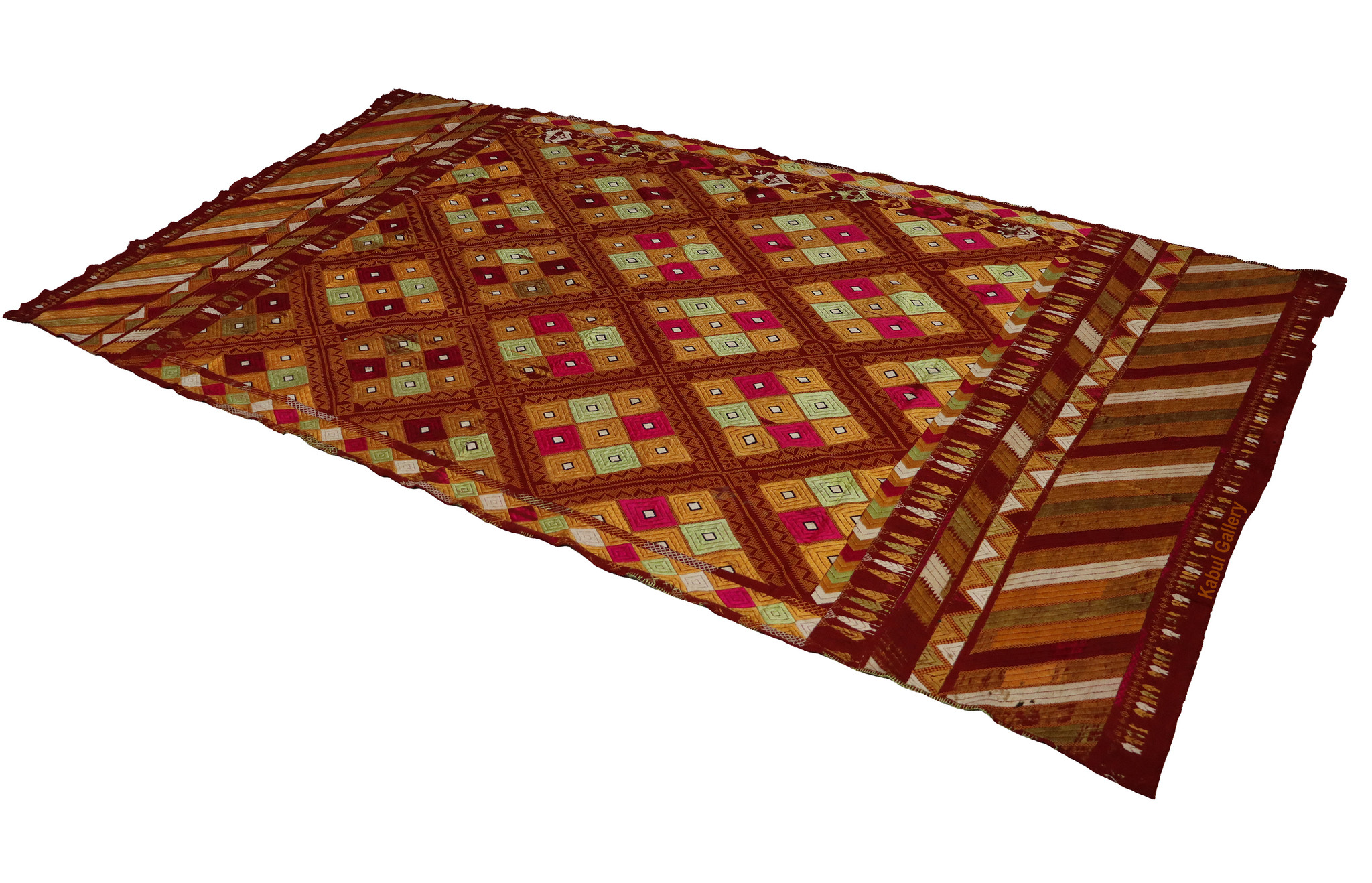 222x124  cm sehr seltener antike 19. Jahrhundert seiden Pulkari Stickerei Schal Die traditionelle Stickerei von Punjab, Indien  UZ/28