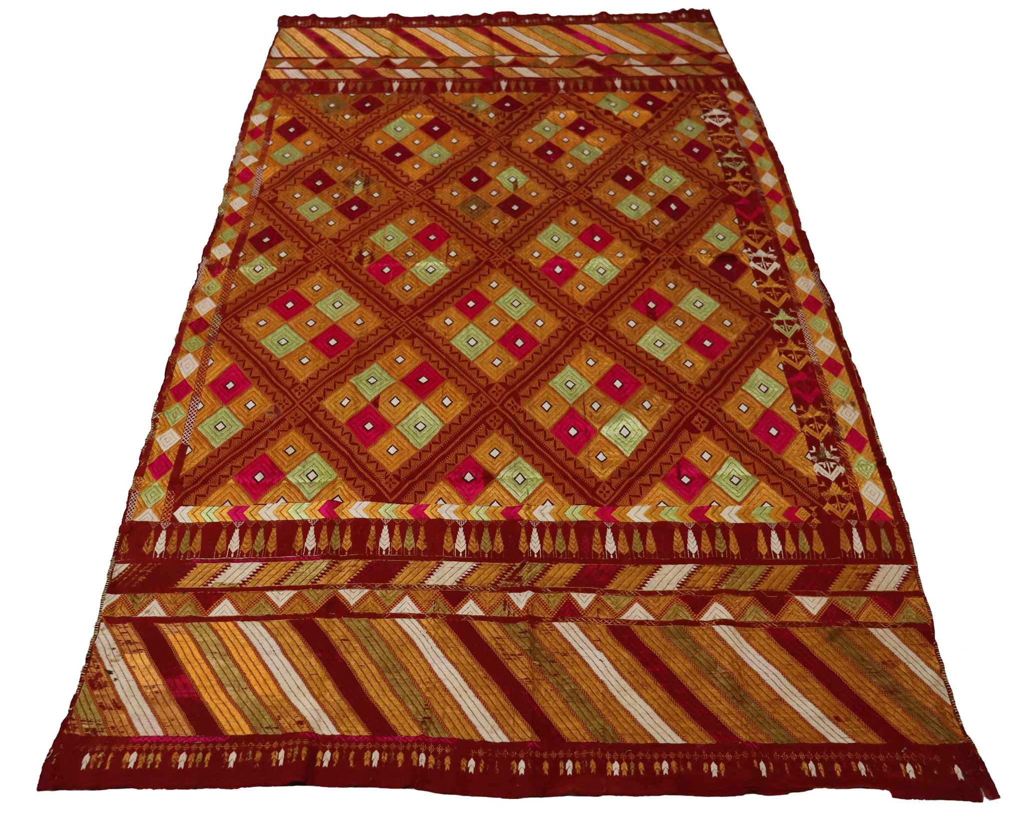 222x124  cm sehr seltener antike 19. Jahrhundert seiden Pulkari Stickerei Schal Die traditionelle Stickerei von Punjab, Indien  UZ/28
