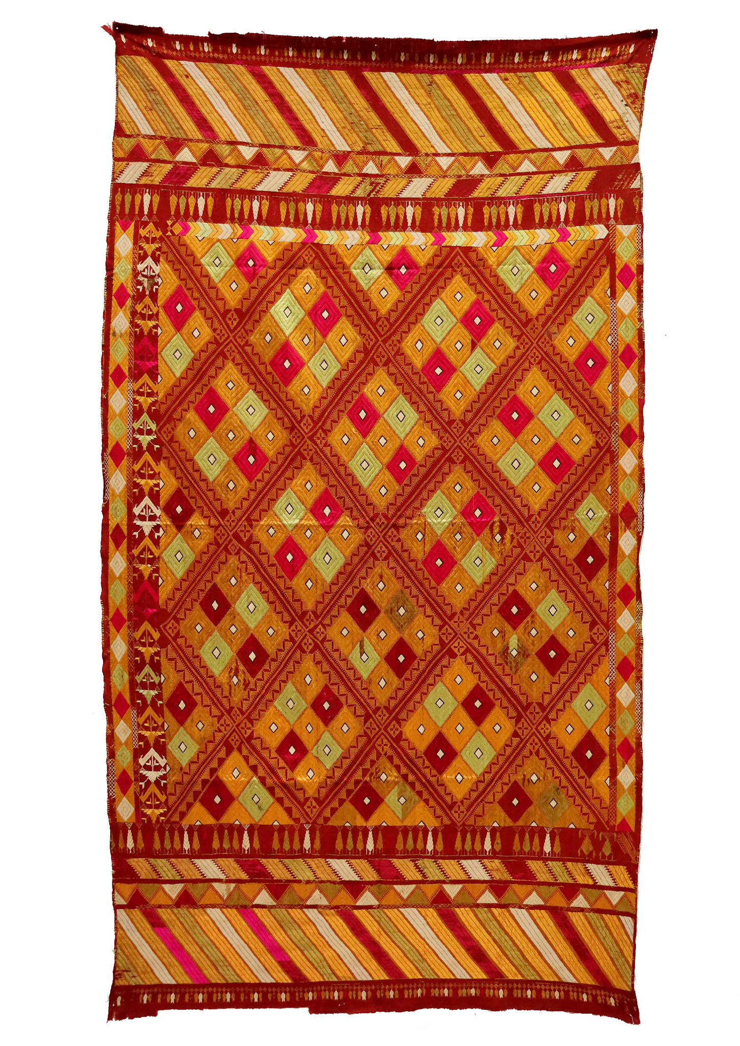 222x124  cm sehr seltener antike 19. Jahrhundert seiden Pulkari Stickerei Schal Die traditionelle Stickerei von Punjab, Indien  UZ/28