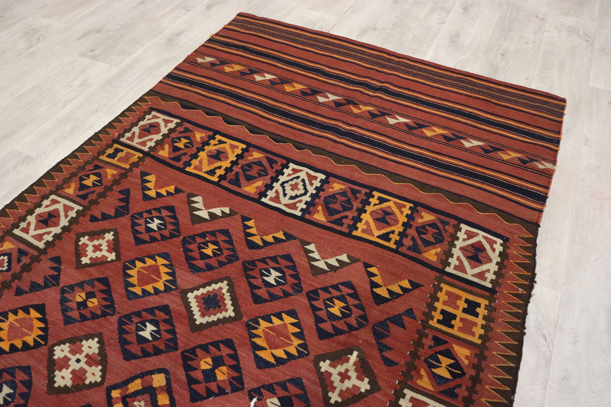 360x140  cm antique Mokari runner kilim in natural dyes from South East Afghanistan. No: MQ