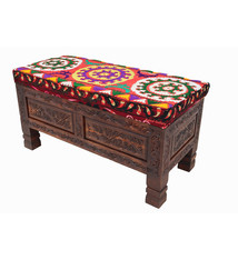 Oriental hand-carved solid wood ottoman upholstered bench armchair sofa bench chair couch stool bench with Suzani upholstery 23A