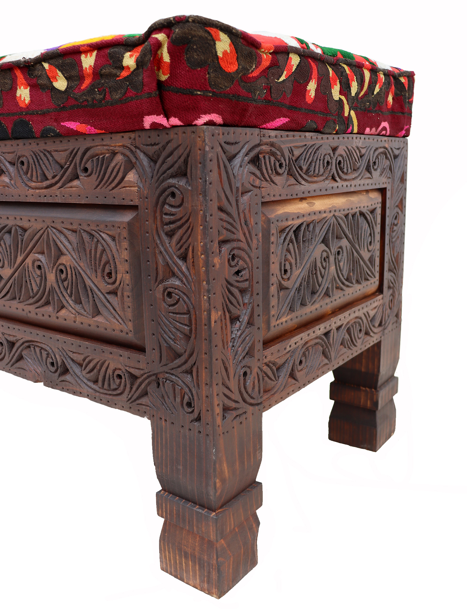 Oriental hand-carved solid wood ottoman upholstered bench armchair sofa bench chair couch stool bench with Suzani upholstery 23A