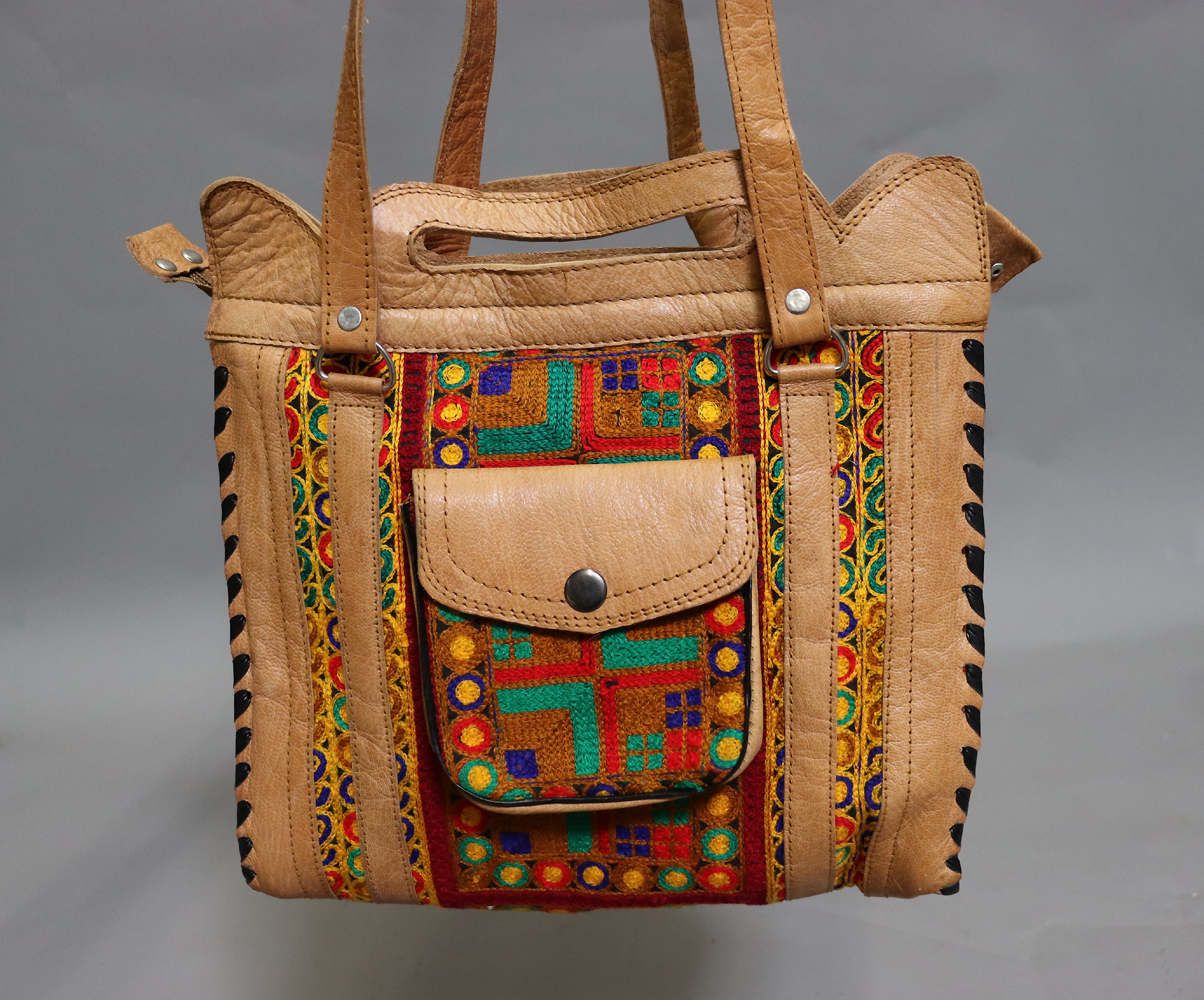 Rare Handmade Leather and Suzani Women's Shoulder Bag handbag shopper from Kabul Afghanistan No:23-2