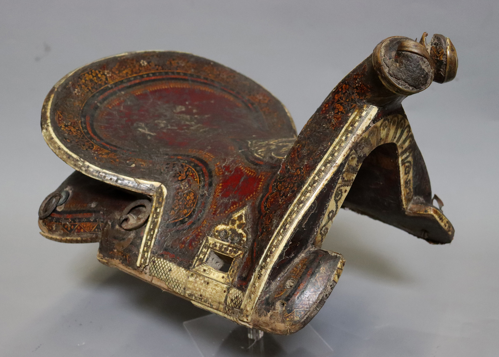 Rare Antique islamic Turkish Ottoman or  Uzbek turkmen polychrome lacquer Wooden horse Saddle 17th/18th century No: walid