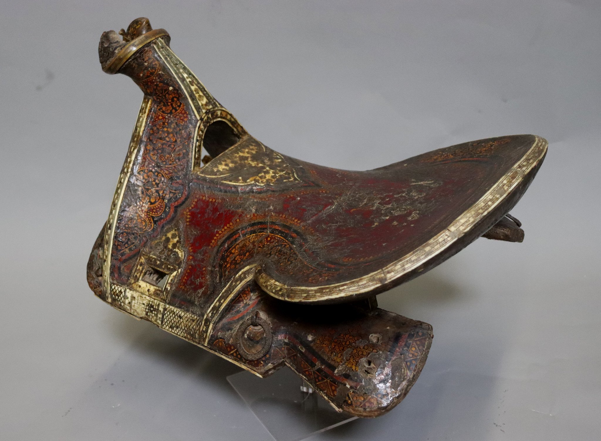 Rare Antique islamic Turkish Ottoman or  Uzbek turkmen polychrome lacquer Wooden horse Saddle 17th/18th century No: walid