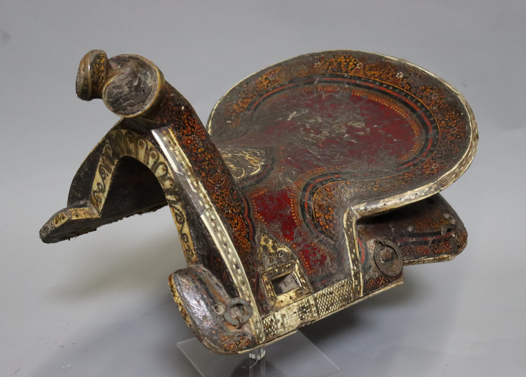 Rare Antique islamic Turkish Ottoman or  Uzbek turkmen polychrome lacquer Wooden horse Saddle 17th/18th century No: walid
