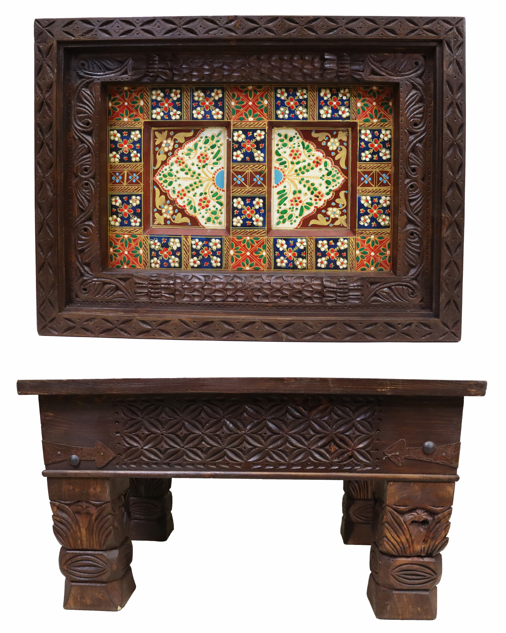 80x60 cm cm antique-look orient colonial solid wood hand-carved  table  Coffee Table   from Afghanistan nuristan 23-2