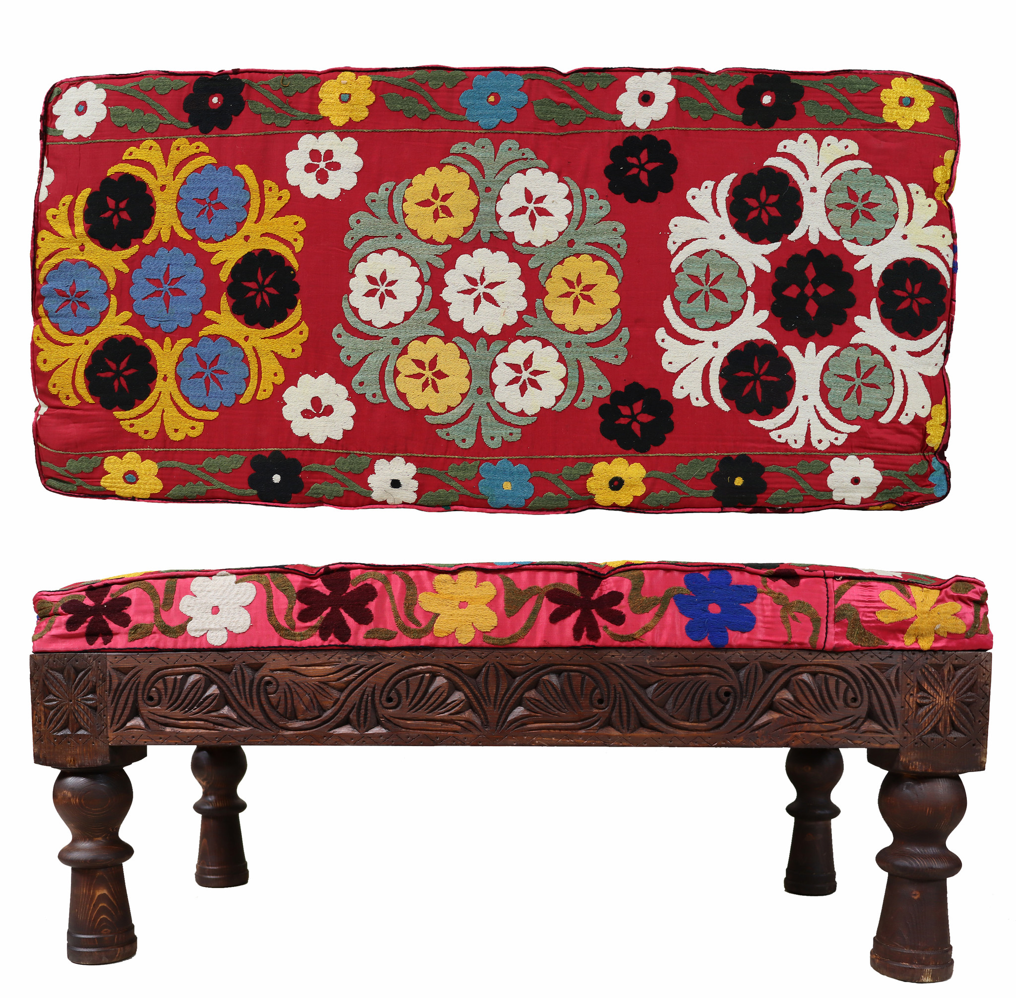 orientalische handgeschnitzte Massivholz orient ottoman Polsterbank Sessel sofa Bank Stuhl Couch Hocker Sitzbank mit Suzani Polsterung 23B