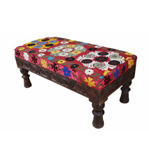 Oriental hand-carved solid wood ottoman upholstered bench armchair sofa bench chair couch stool bench with Suzani upholstery 23B