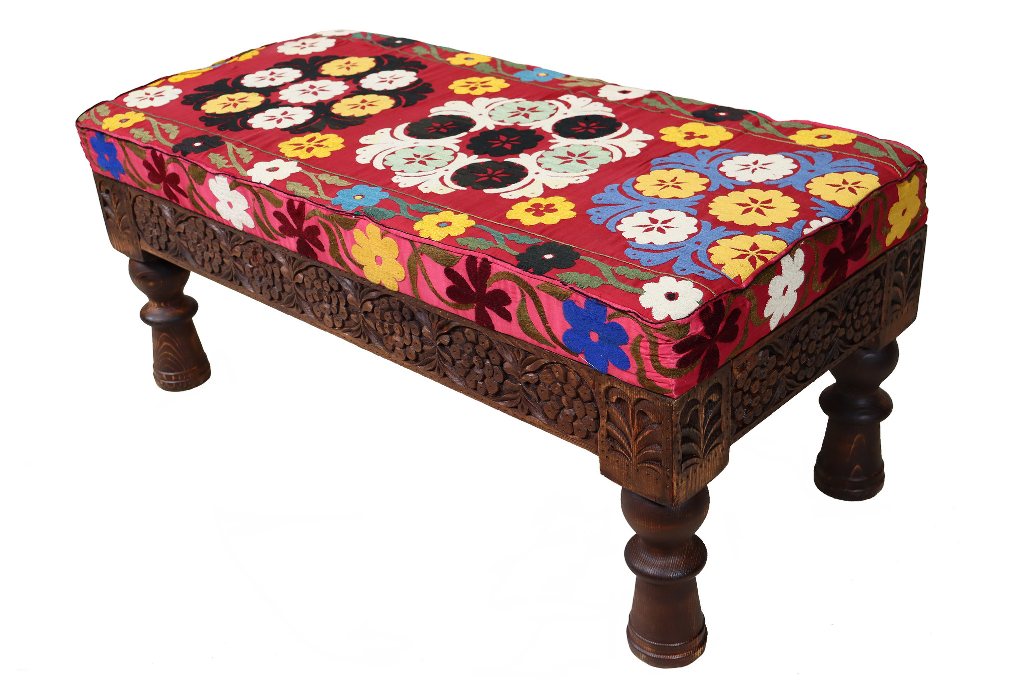 Oriental hand-carved solid wood ottoman upholstered bench armchair sofa bench chair couch stool bench with Suzani upholstery 23C
