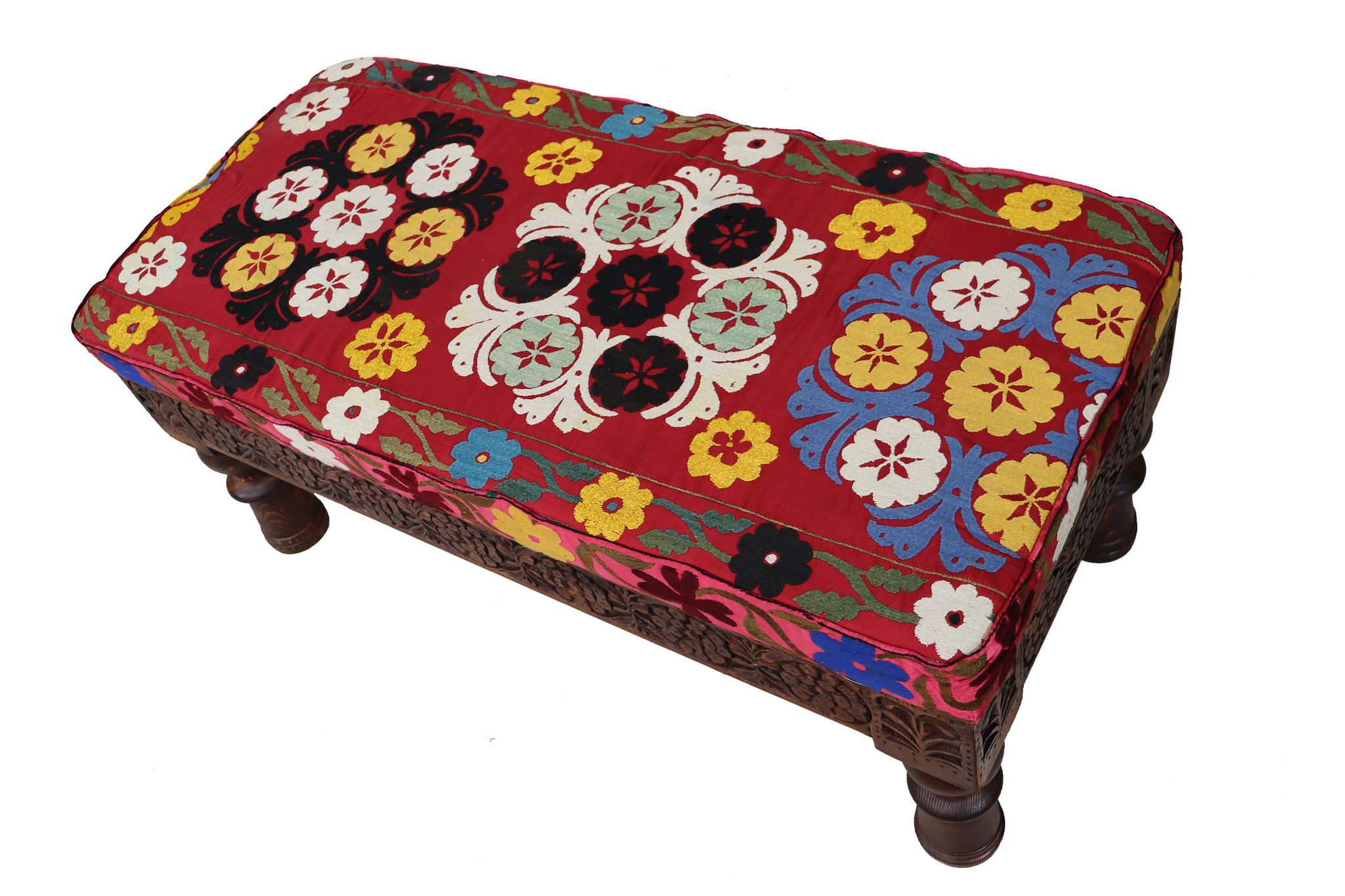 Oriental hand-carved solid wood ottoman upholstered bench armchair sofa bench chair couch stool bench with Suzani upholstery 23C