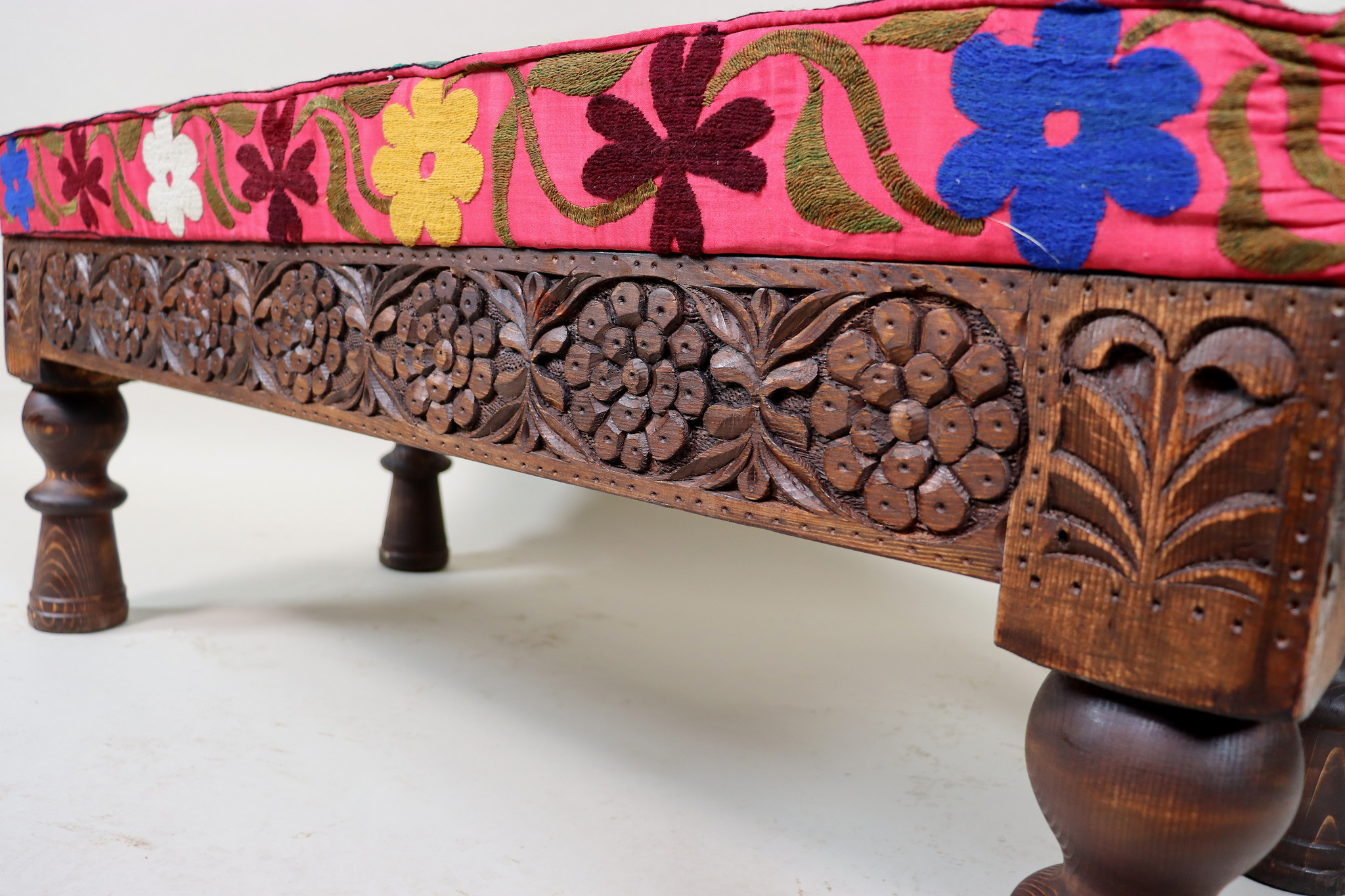 Oriental hand-carved solid wood ottoman upholstered bench armchair sofa bench chair couch stool bench with Suzani upholstery 23C