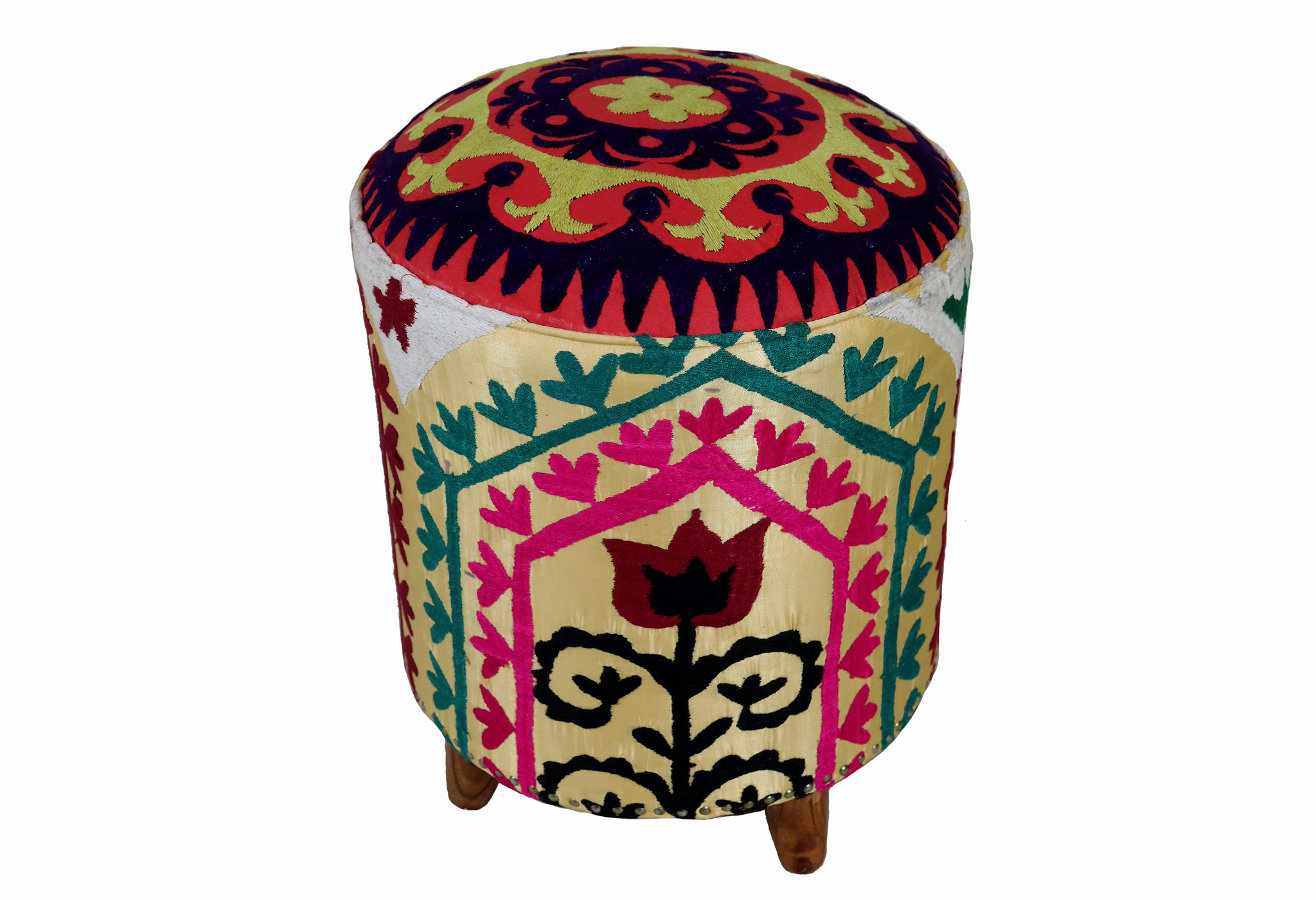 Vintage orientalische luxuriöse Suzani Hocker Stuhl Sitzhocker Sitzkissen cushion Stool Pouf mit antike Suzani Polsterung Afghanistan 23/D