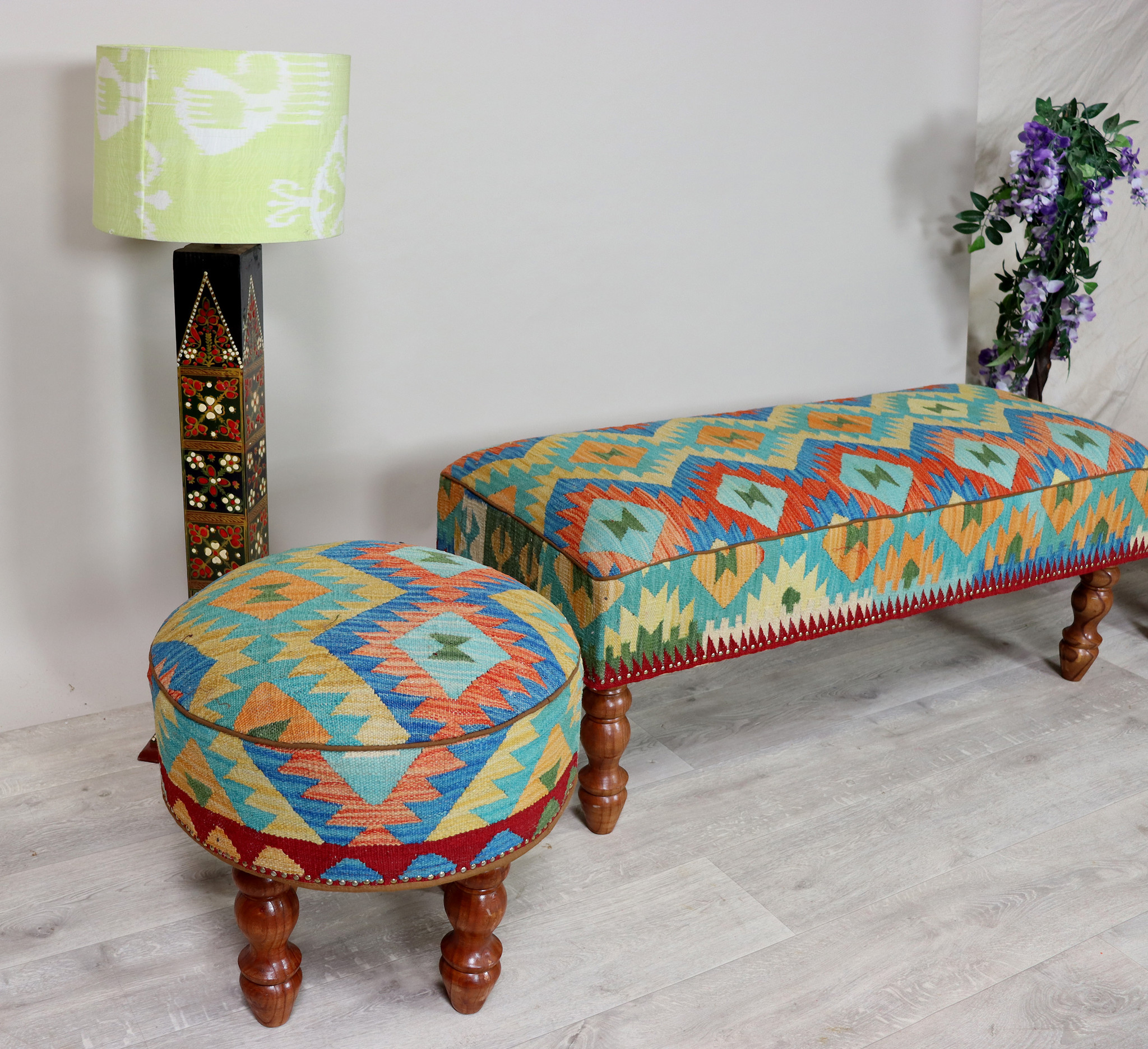 vintage  Bench and stool upholstered withe  Kilim  from Afghanistan No:A