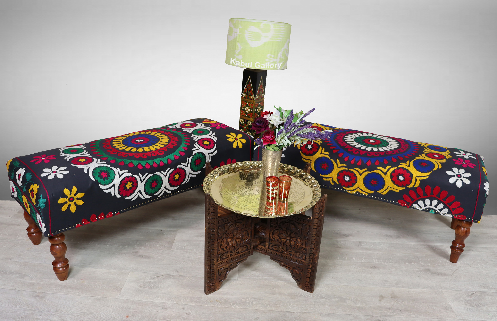 Oriental hand embroidered solid wood ottoman upholstered bench armchair sofa bench chair couch stool bench with Suzani upholstery Black 23