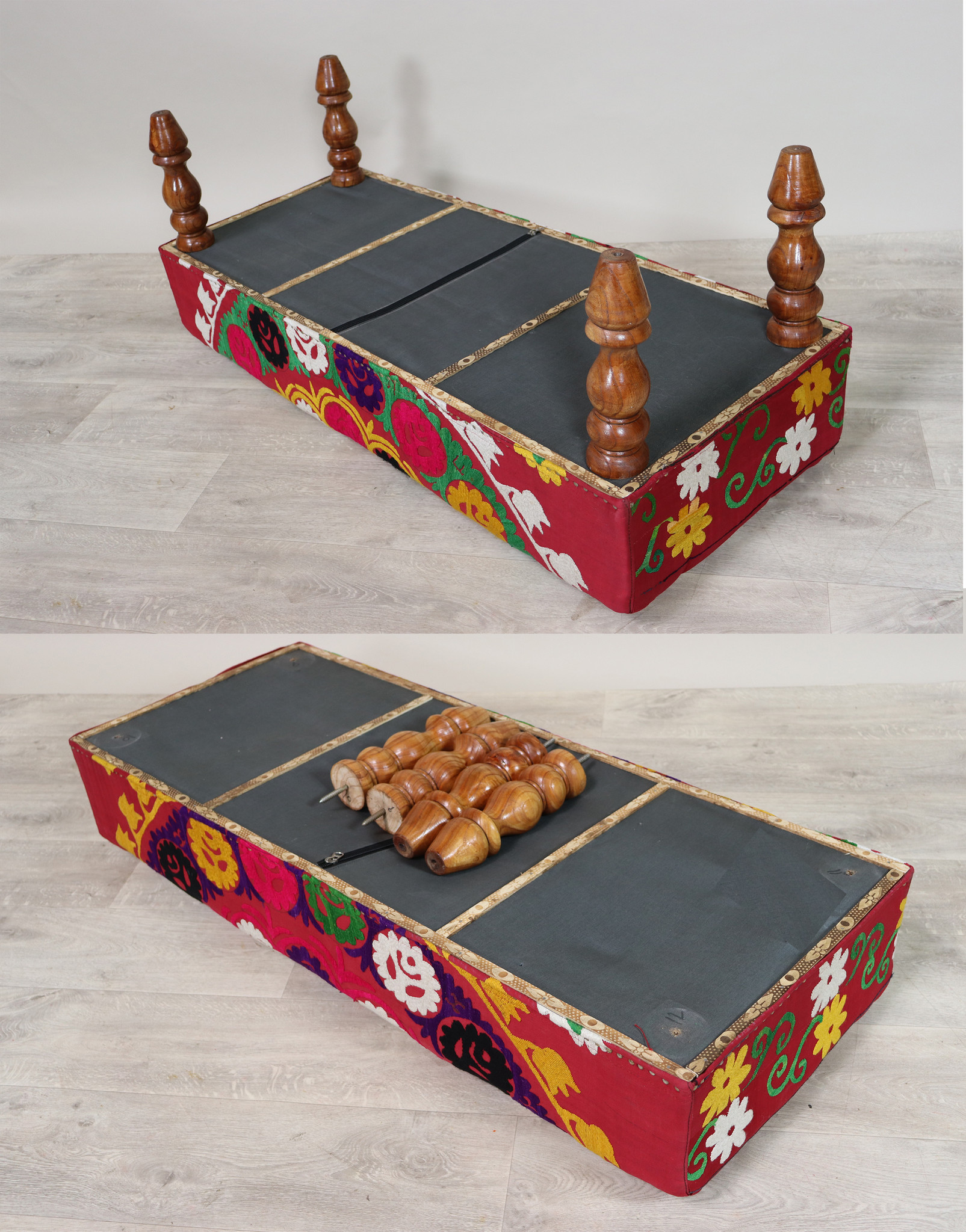 Oriental hand embroidered solid wood ottoman upholstered bench armchair sofa bench chair couch stool bench with Suzani upholstery Black 23