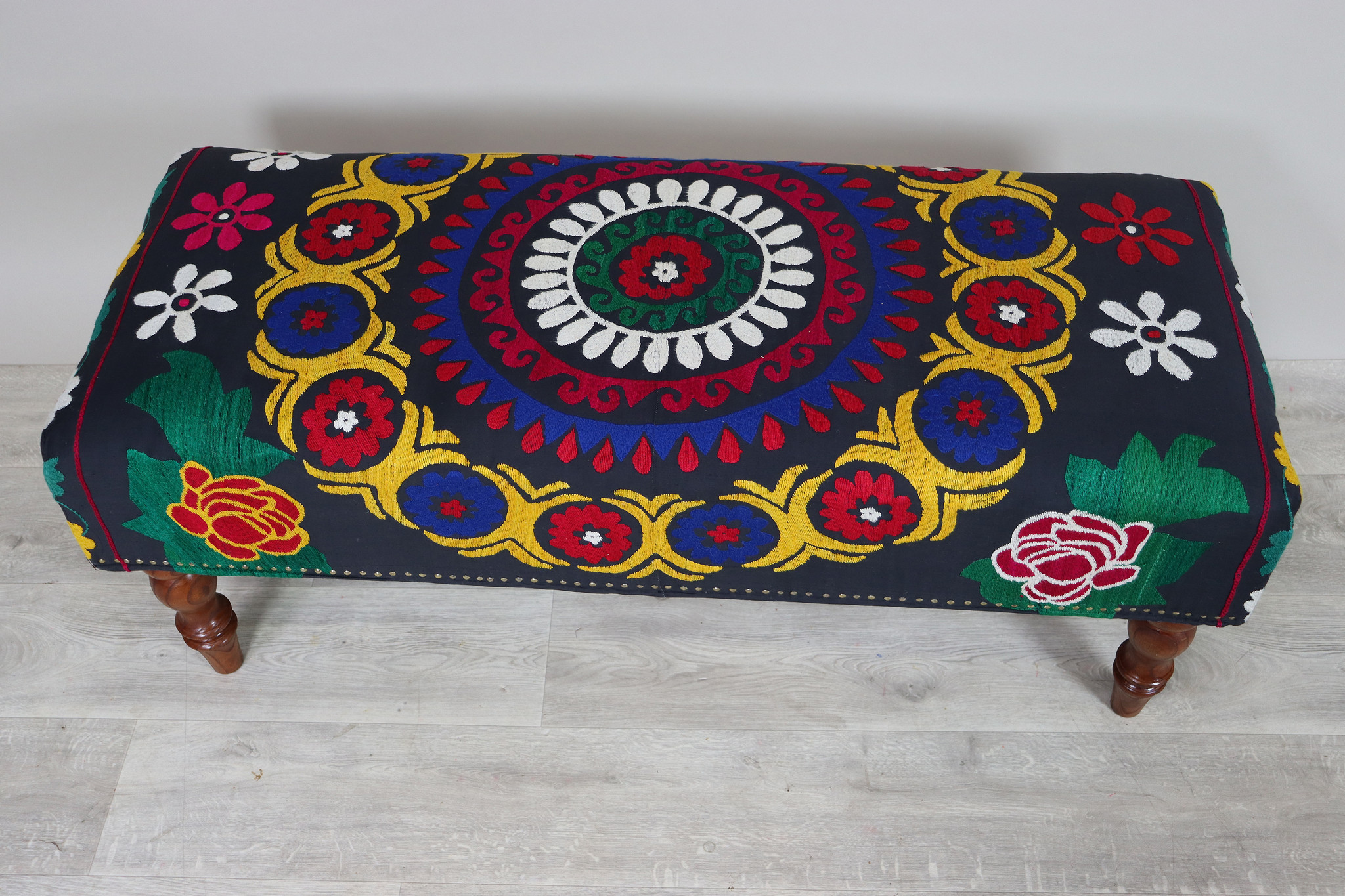 Oriental hand embroidered solid wood ottoman upholstered bench armchair sofa bench chair couch stool bench with Suzani upholstery Black 23