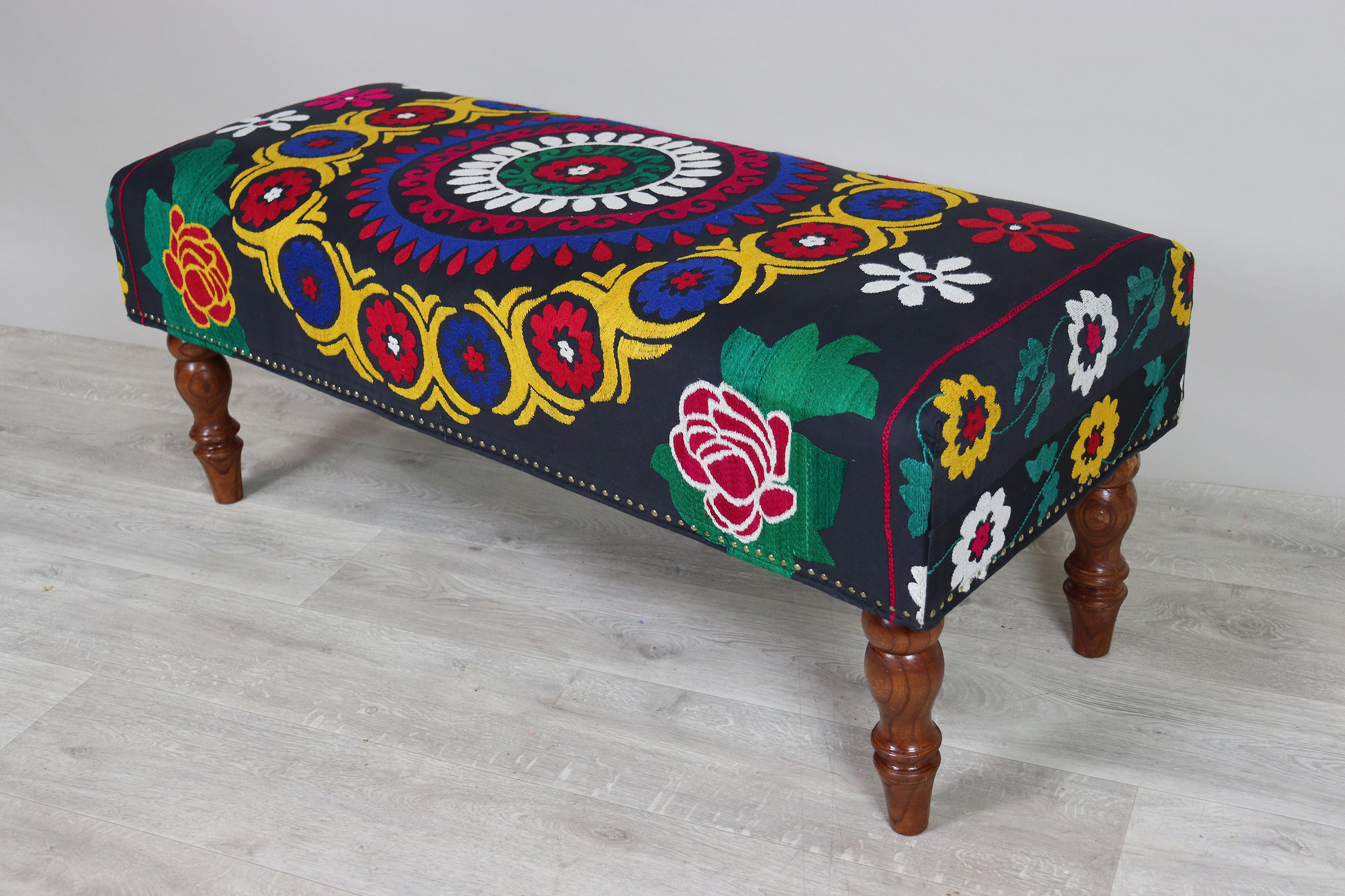 Oriental hand embroidered solid wood ottoman upholstered bench armchair sofa bench chair couch stool bench with Suzani upholstery Black 23