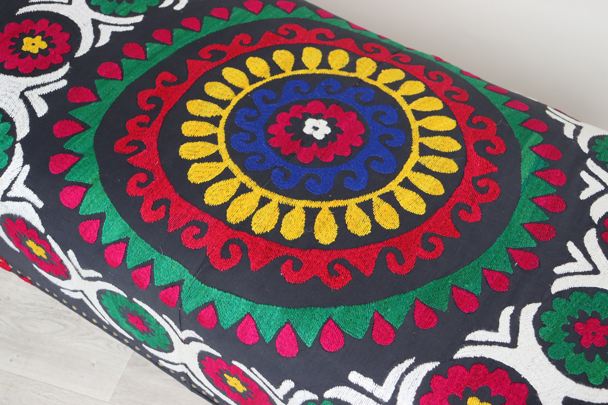 Oriental hand embroidered solid wood ottoman upholstered bench armchair sofa bench chair couch stool bench with Suzani upholstery Black 23