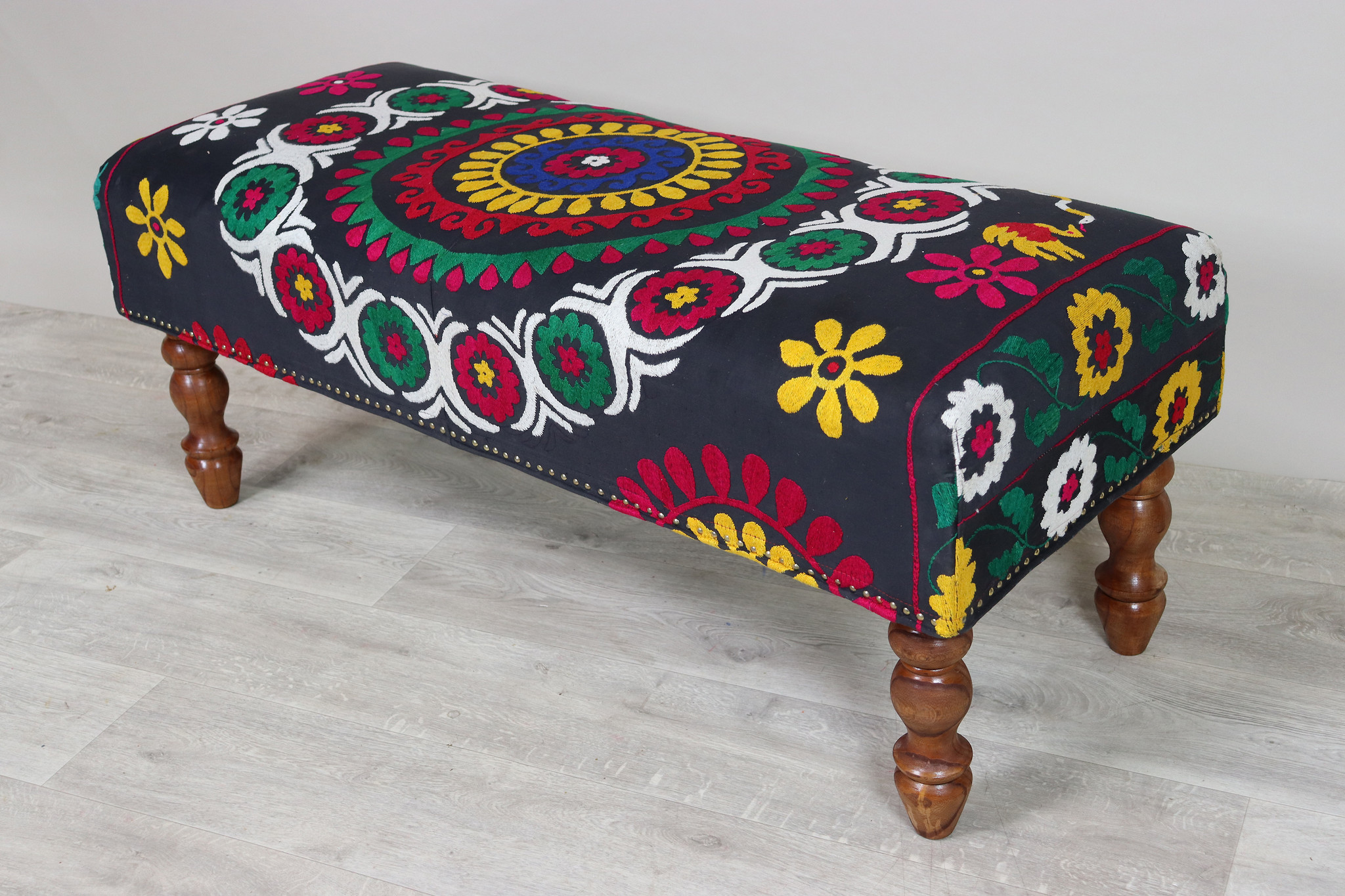 Oriental hand embroidered solid wood ottoman upholstered bench armchair sofa bench chair couch stool bench with Suzani upholstery Black 23