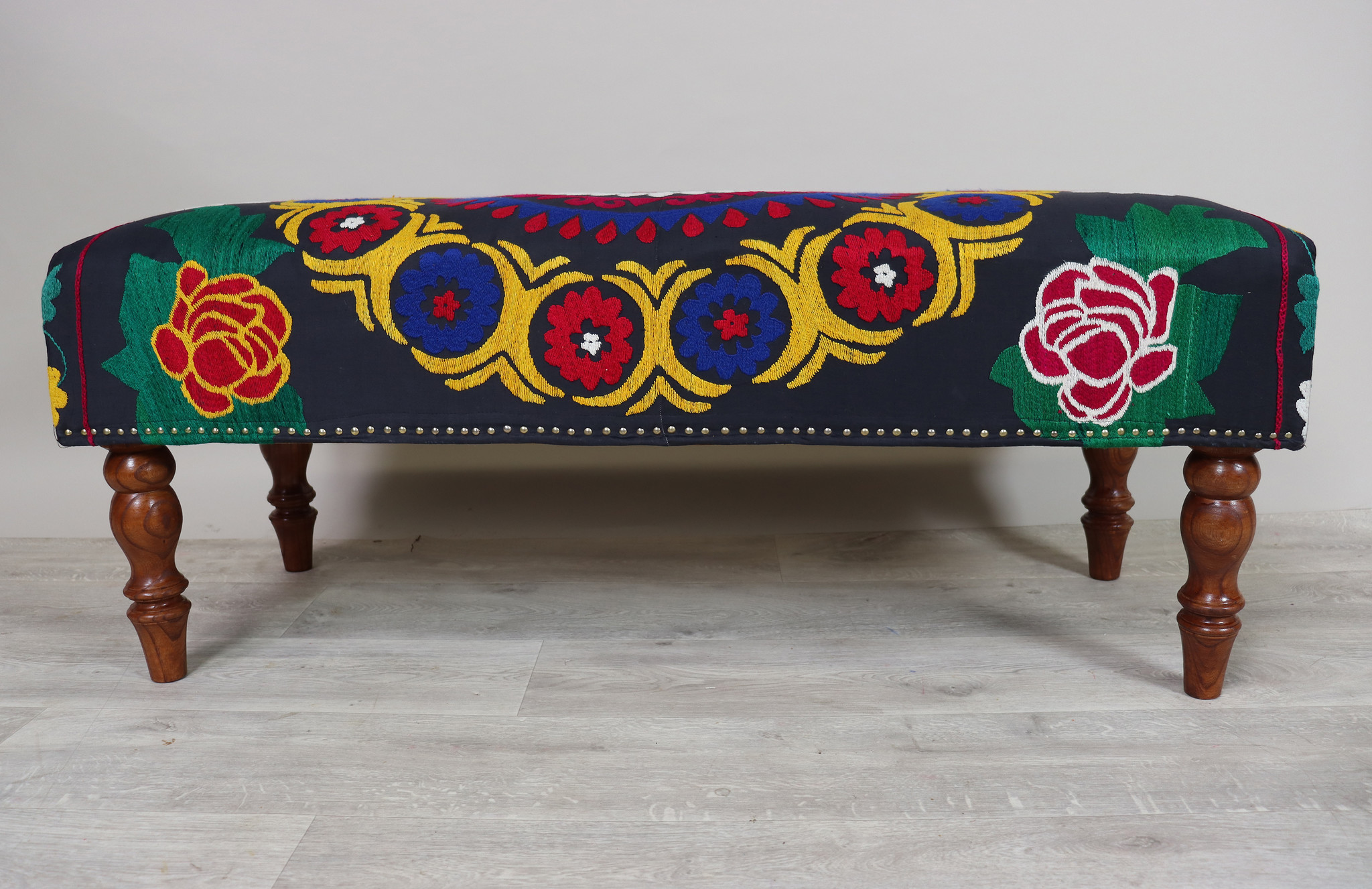 Oriental hand embroidered solid wood ottoman upholstered bench armchair sofa bench chair couch stool bench with Suzani upholstery Black 23