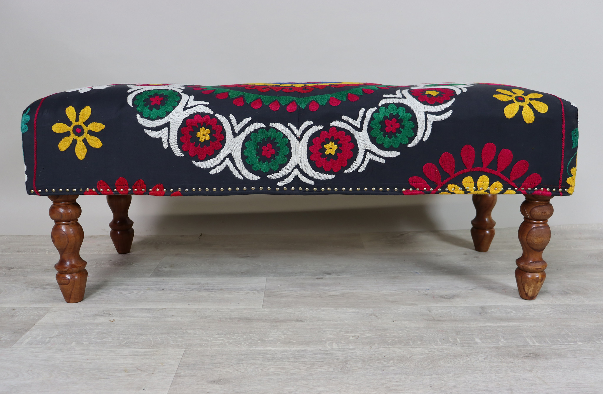 Oriental hand embroidered solid wood ottoman upholstered bench armchair sofa bench chair couch stool bench with Suzani upholstery Black 23