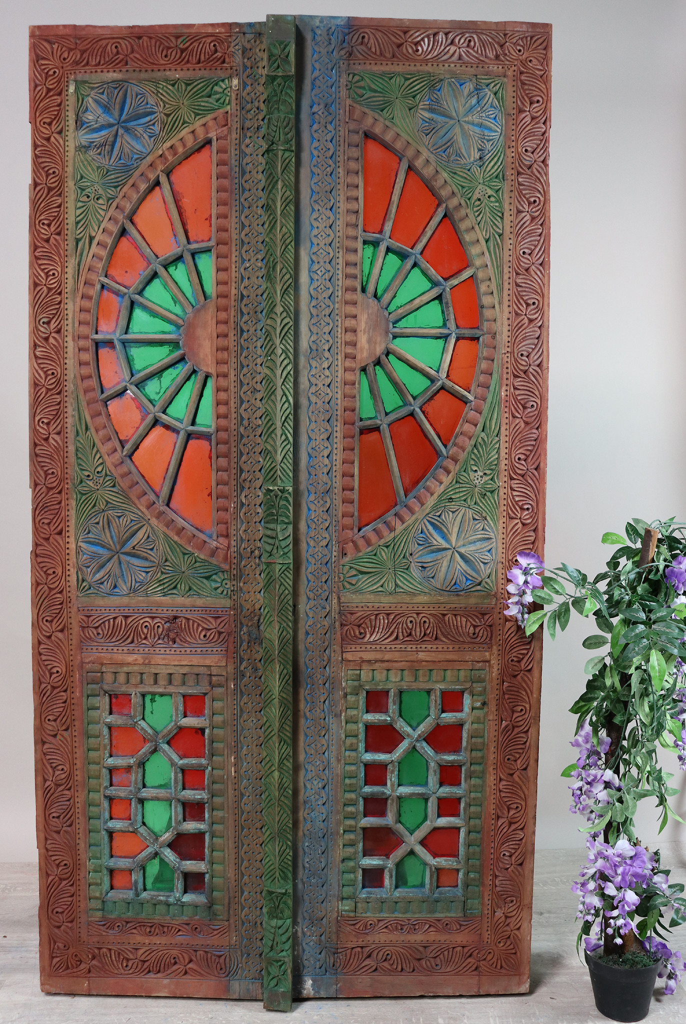 antique orient solid wood handmade and hand carved stained glass door double wing door room door from Swat valley in northern Pakistan 23/A