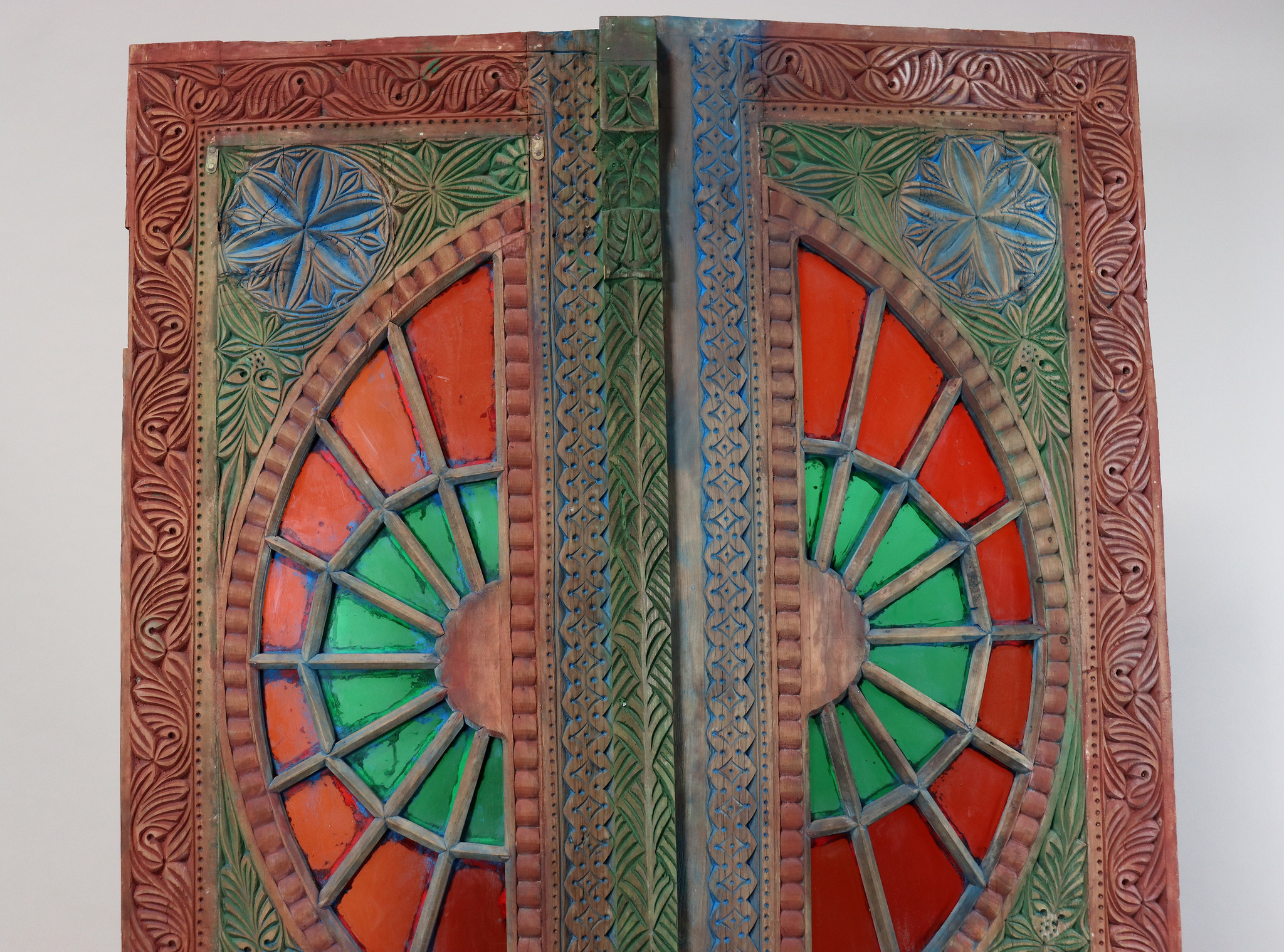 antique orient solid wood handmade and hand carved stained glass door double wing door room door from Swat valley in northern Pakistan 23/A