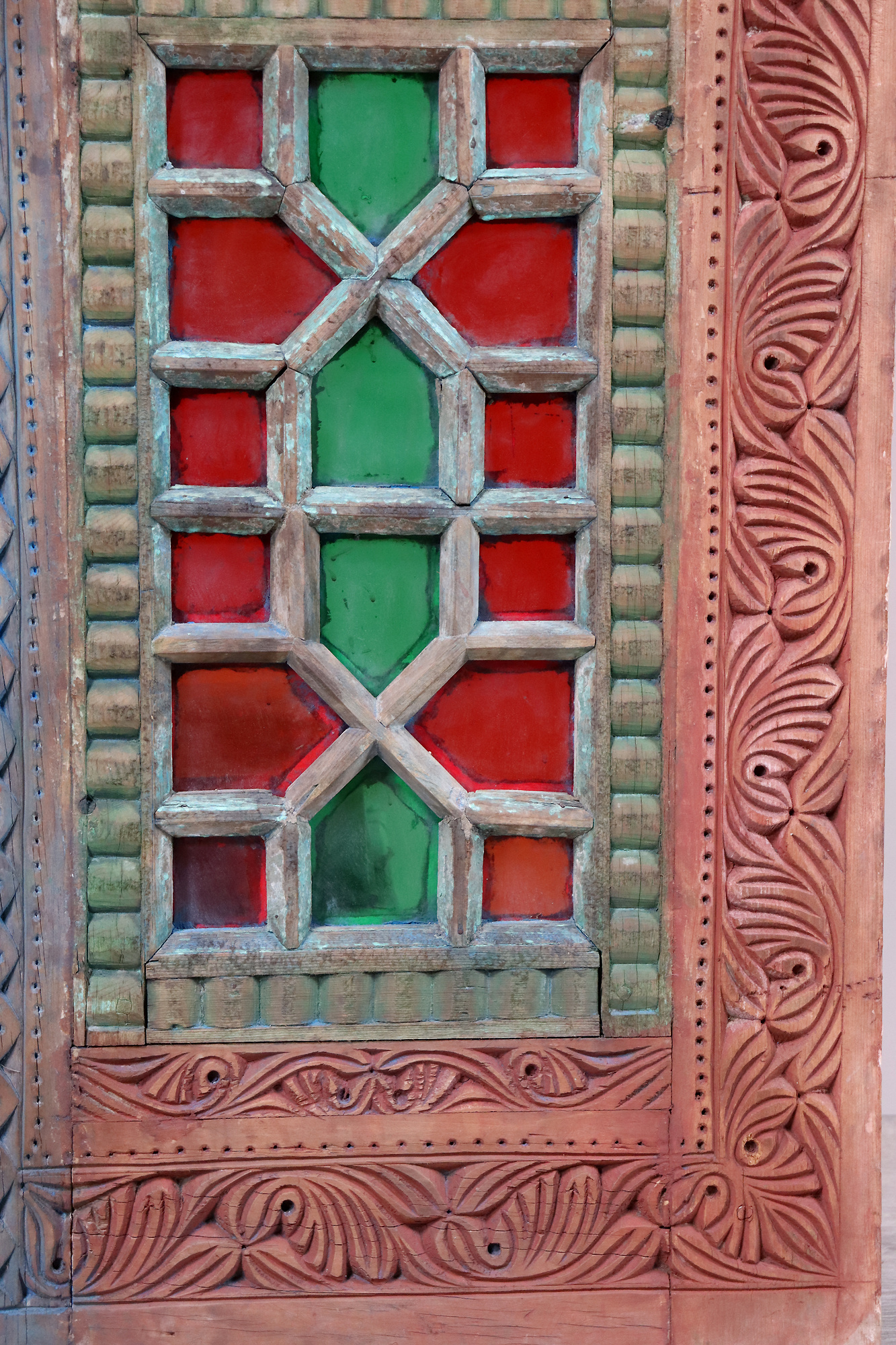 antique orient solid wood handmade and hand carved stained glass door double wing door room door from Swat valley in northern Pakistan 23/A