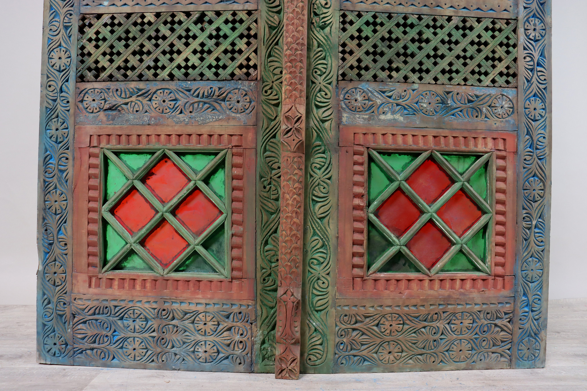 antique orient solid wood handmade and hand carved stained glass door double wing door room door from Swat valley in northern Pakistan 23/B