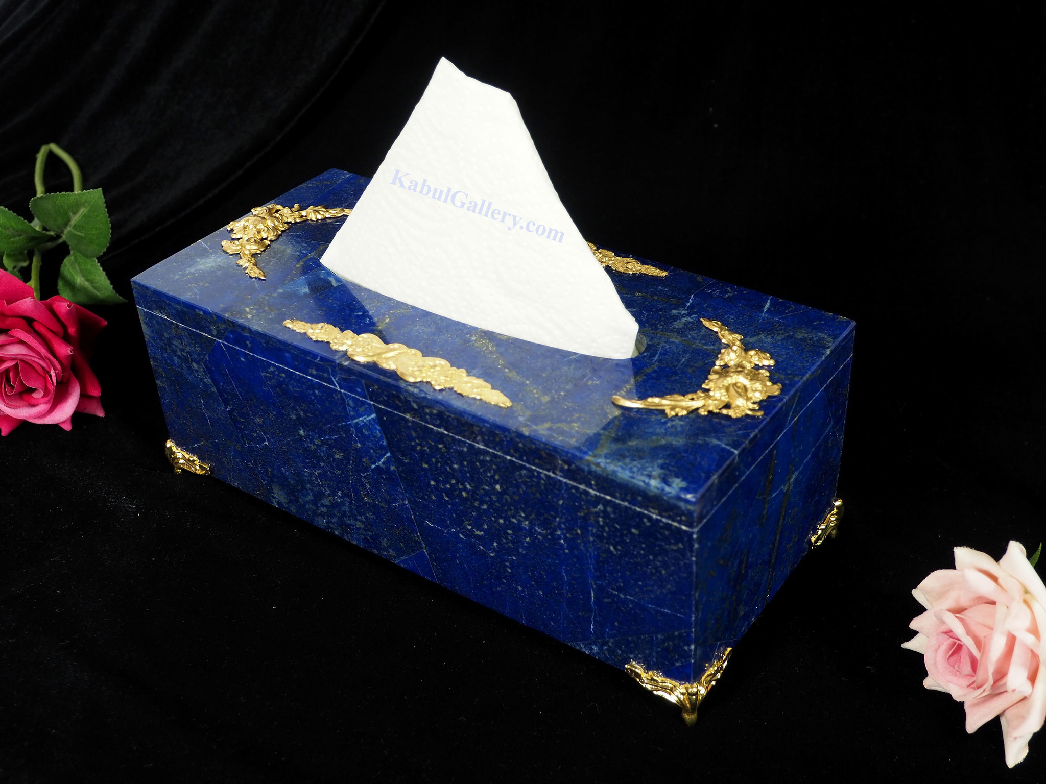 Hand Crafted stunning genuine Lapis Lazuli Gemstone tissue  napkin Box Holder case Cover brass decorated Afghanistan 19/A