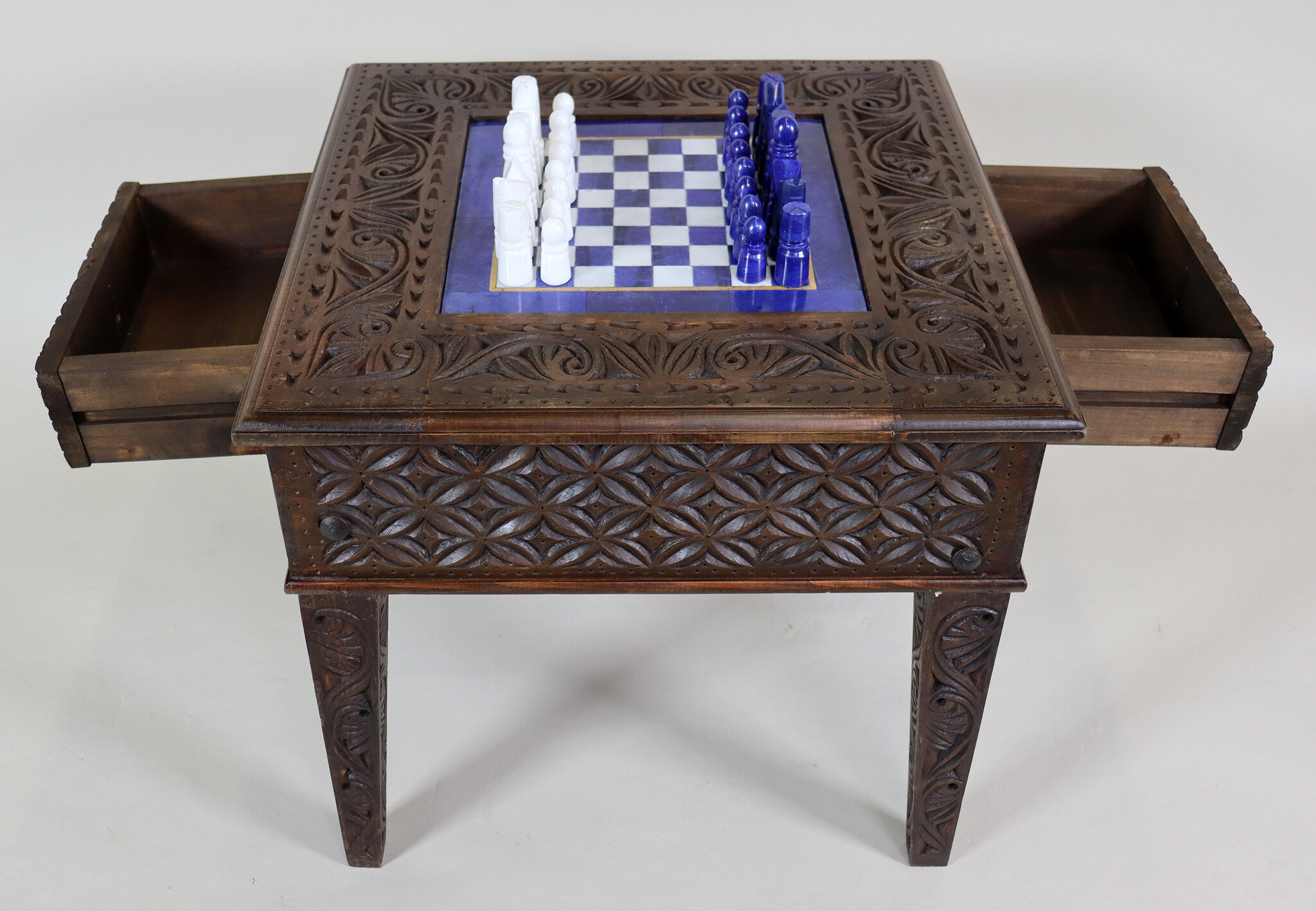 Einzigartige Massivholz handgeschnitzte schachtisch schachbrett & schachfiguren aus lapis lazuli Marmor handgefetigt Schachspiel Afghanistan