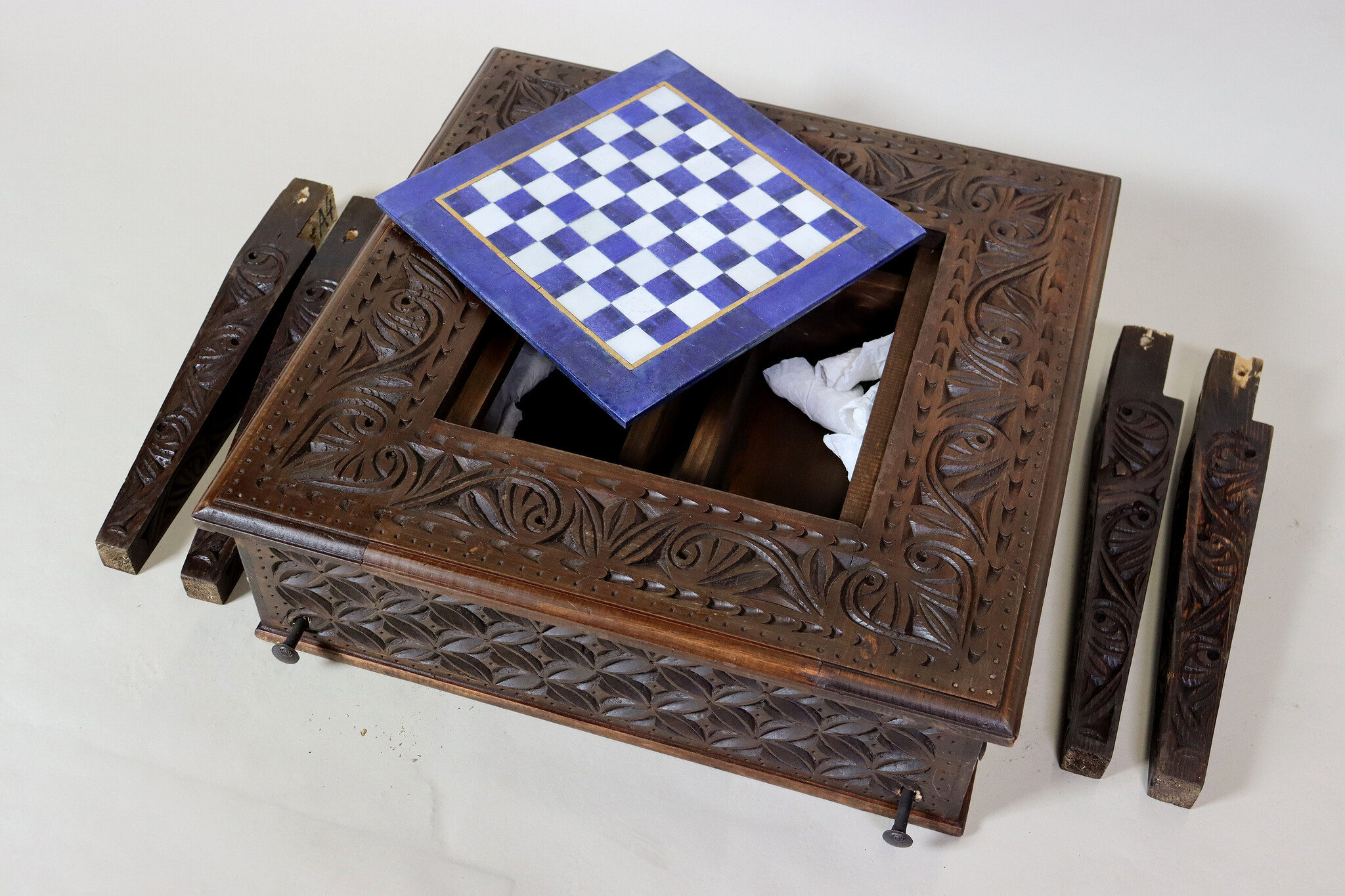 Unique Solid Wood Hand Carved Chess Table Chess Board & Chess Pieces Made From Lapis Lazuli Marble Handmade Chess Set from Afghanistan