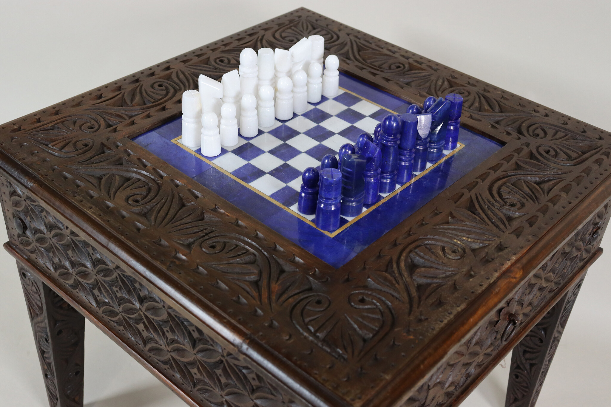 Unique Solid Wood Hand Carved Chess Table Chess Board & Chess Pieces Made From Lapis Lazuli Marble Handmade Chess Set from Afghanistan