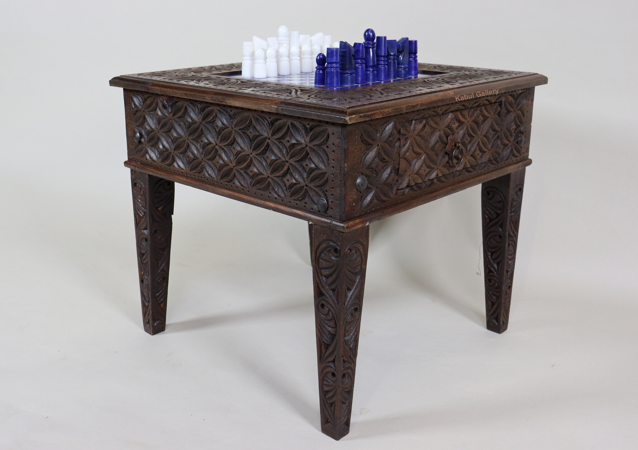 Unique Solid Wood Hand Carved Chess Table Chess Board & Chess Pieces Made From Lapis Lazuli Marble Handmade Chess Set from Afghanistan