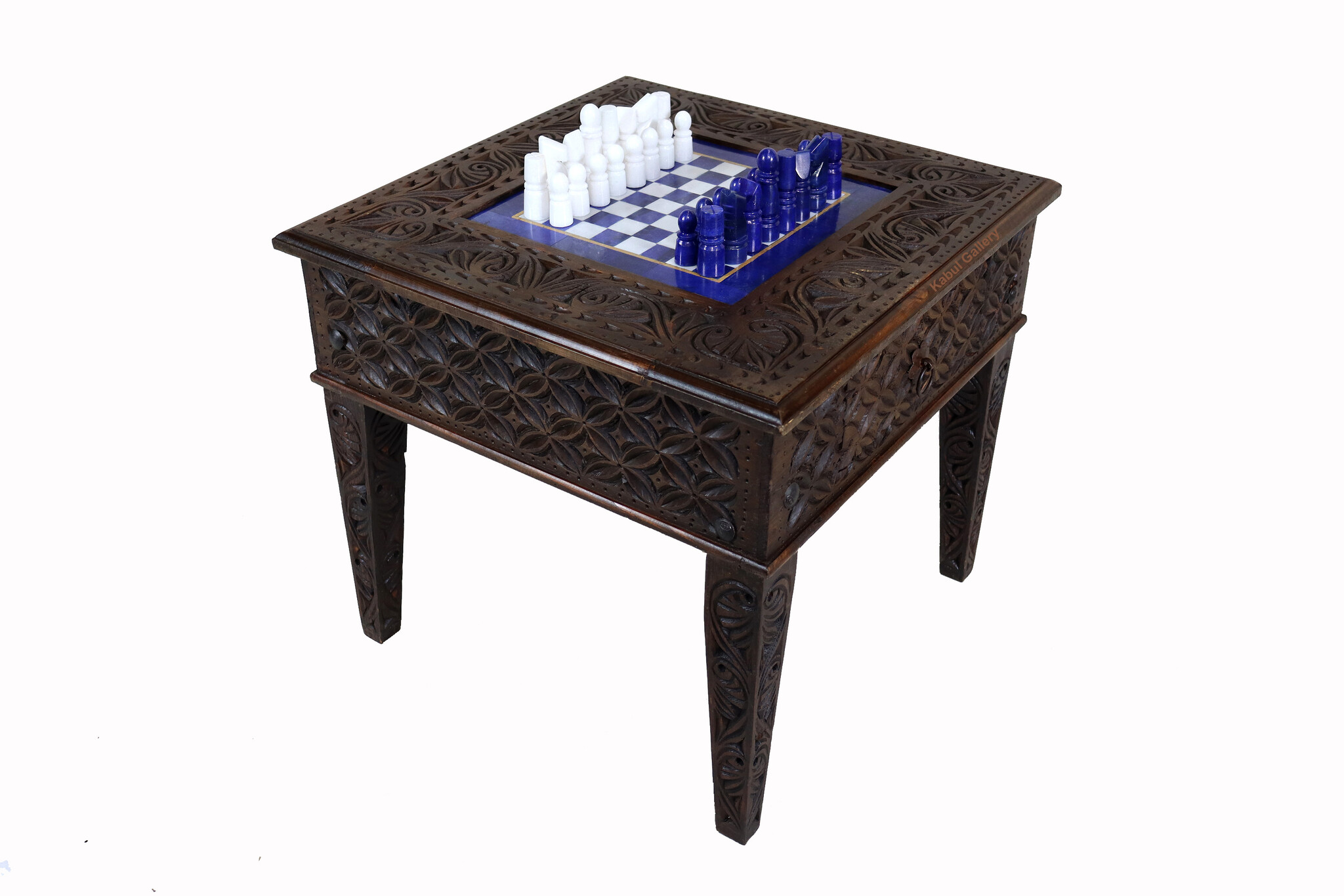 Unique Solid Wood Hand Carved Chess Table Chess Board & Chess Pieces Made From Lapis Lazuli Marble Handmade Chess Set from Afghanistan