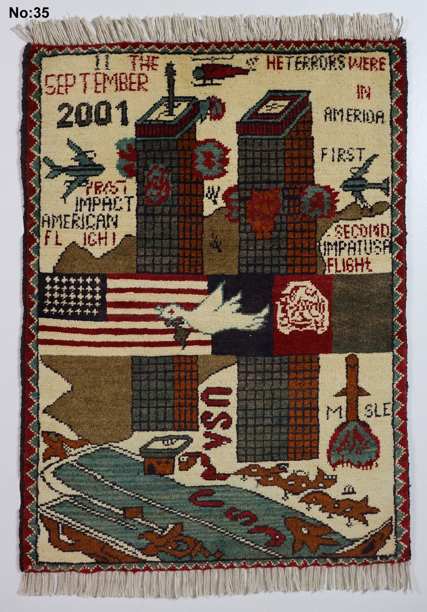 80x60 cm Afghanistan U.S.A 11 september 2001 Newyork world trade center afghan warrug No:23/ - 35