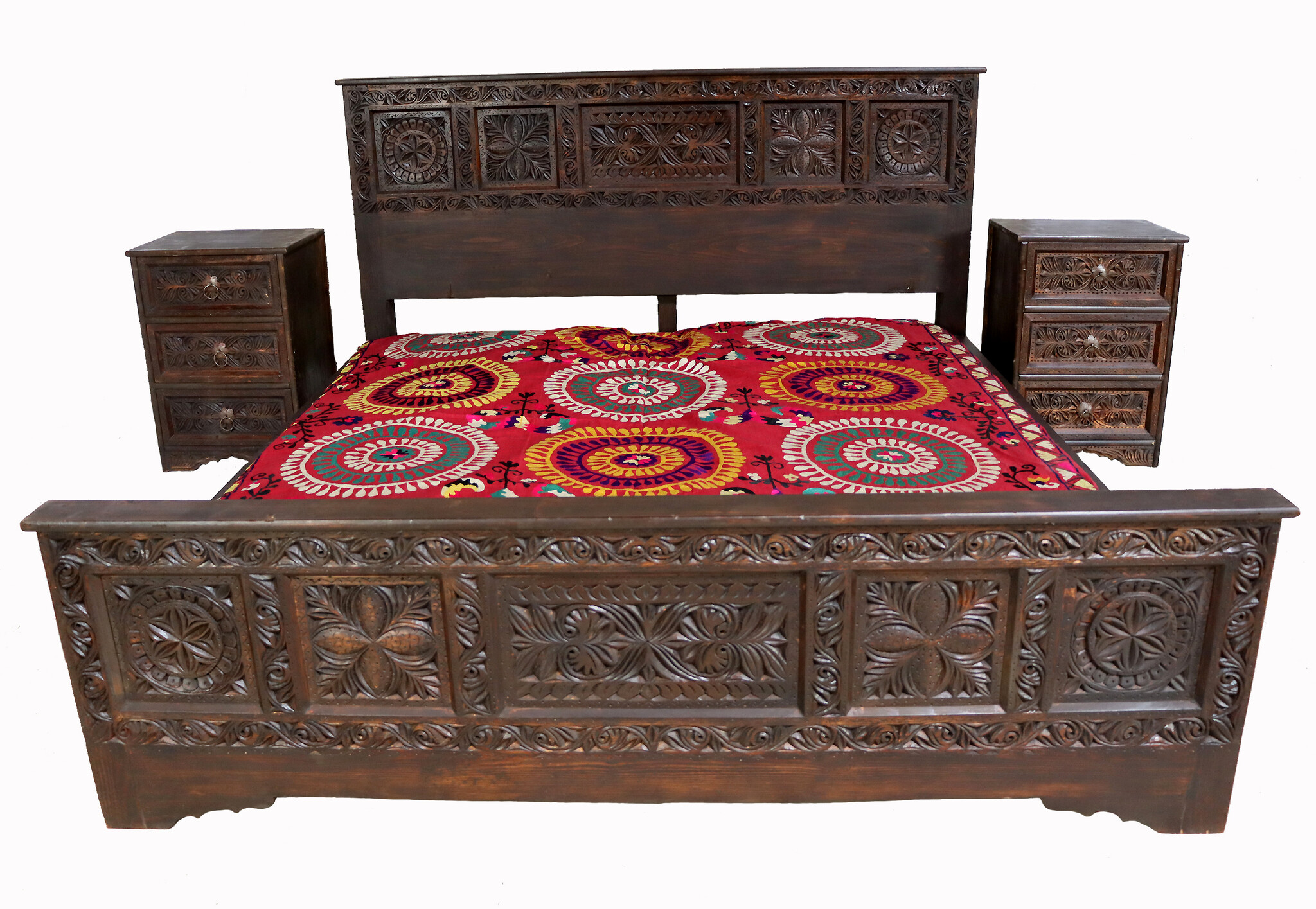 3-piece bedroom set orient hand-carved solid wood bed double bed bedside table  Nuristan  Afghanistan 23B