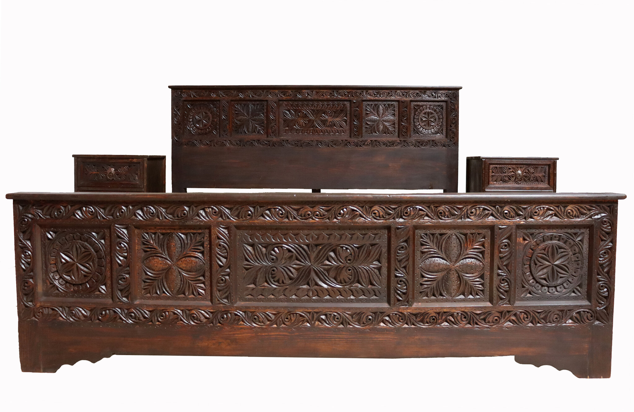 3-piece bedroom set orient hand-carved solid wood bed double bed bedside table  Nuristan  Afghanistan 23B