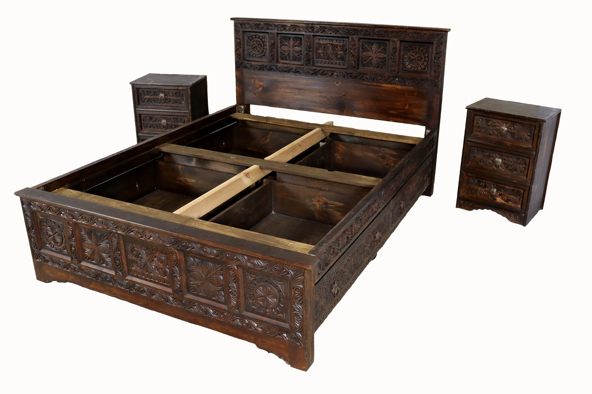 bedroom set orient hand-carved solid wood bed double bed with 4 drawers and 2 bedside table  Nuristan  Afghanistan 23 home