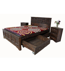 schlafzimmer Set  handgeschnitzt Massivholz Bett mit 4 Schubladen doppelbett 2 Nachtkommode Nuristan  Afghanistan 23/Home